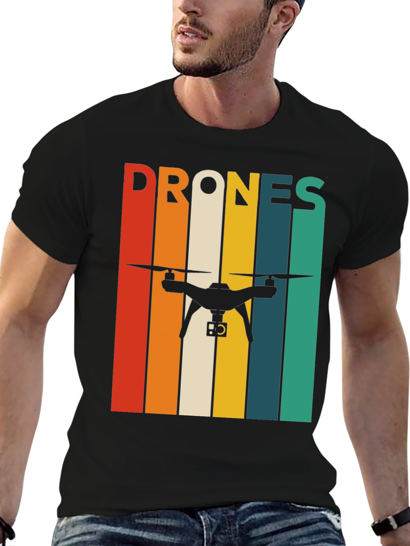 Black Retro Drone T-Shirt - Vintage Stripes Tee view 6