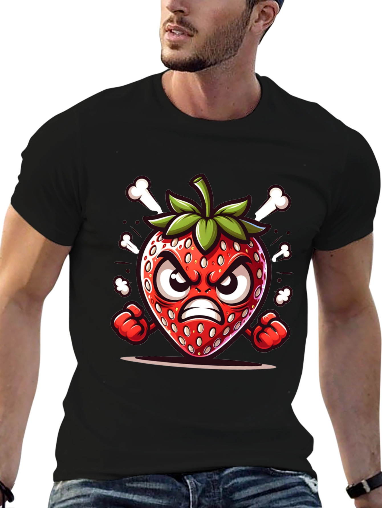 Black Angry Strawberry Cartoon Graphic Tee view 6