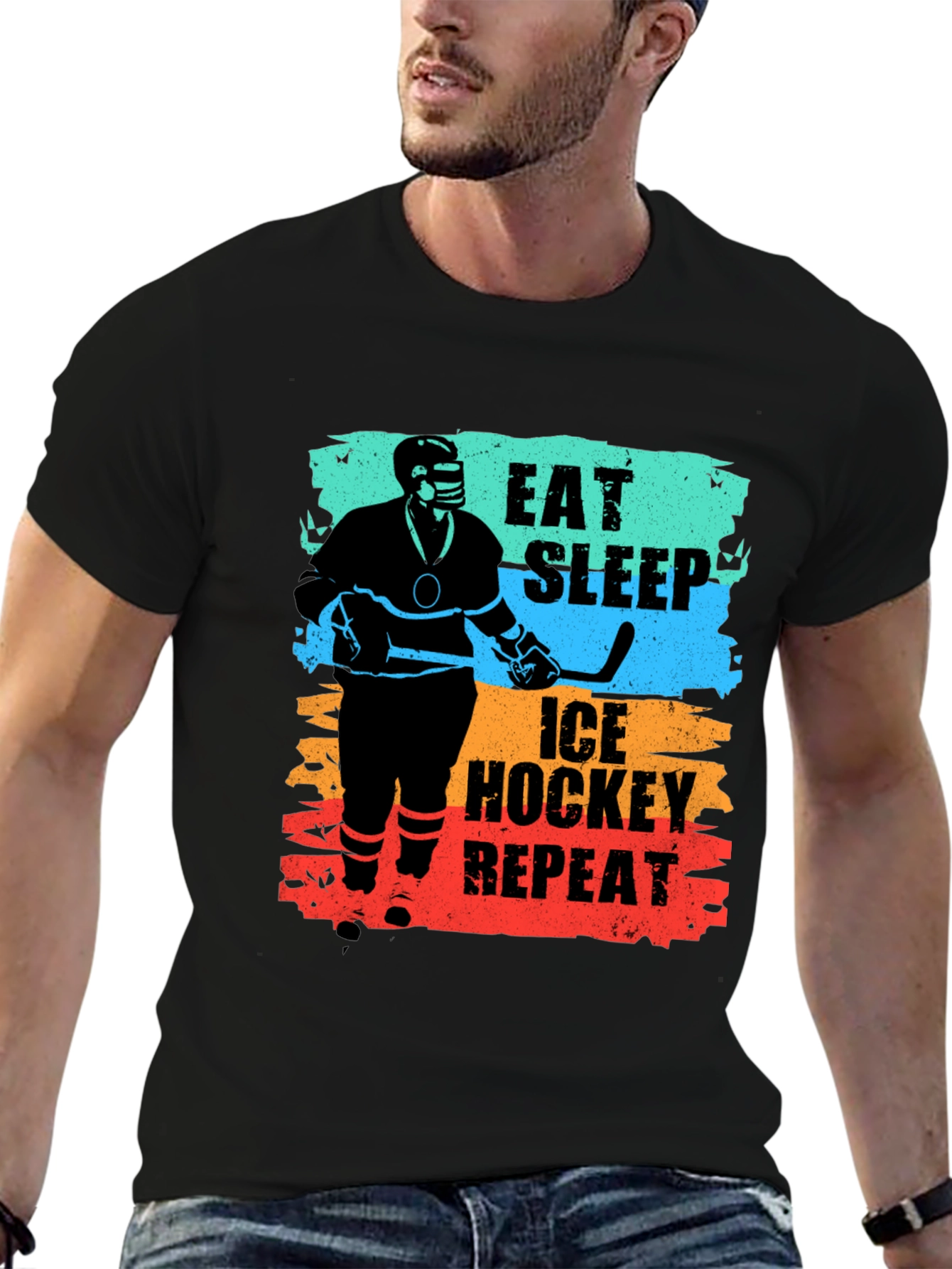 Black Eat Sleep Ice Hockey Repeat Graphic T-Shirt view 6