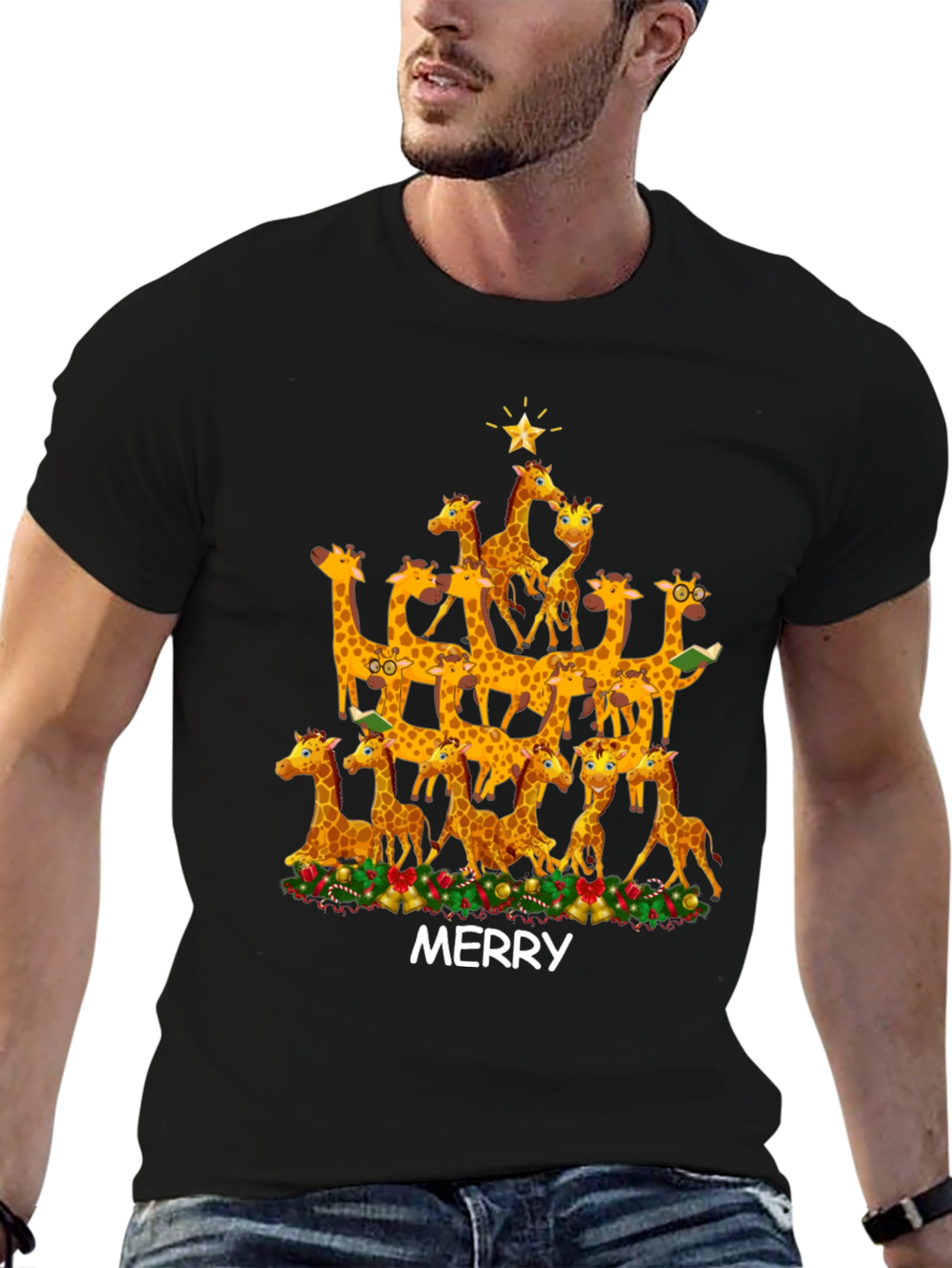 Black Merry Giraffe Christmas Tree T-Shirt view 6