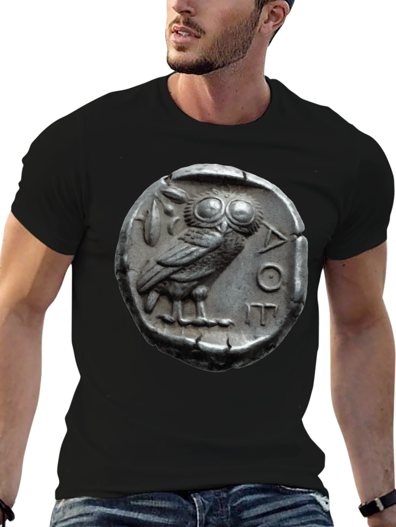 Black Ancient Owl Coin Graphic Tee - Athens Tetradrachm T-Shirt view 6