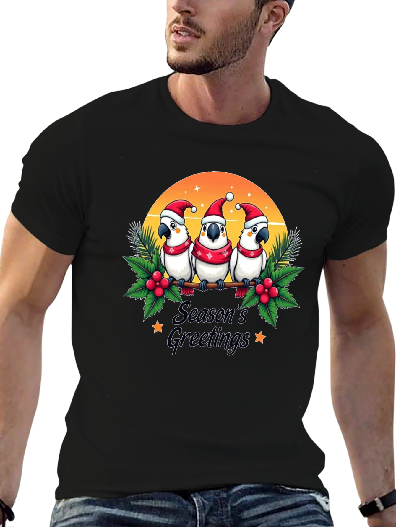 Black Festive Holiday Parrots T-Shirt view 6