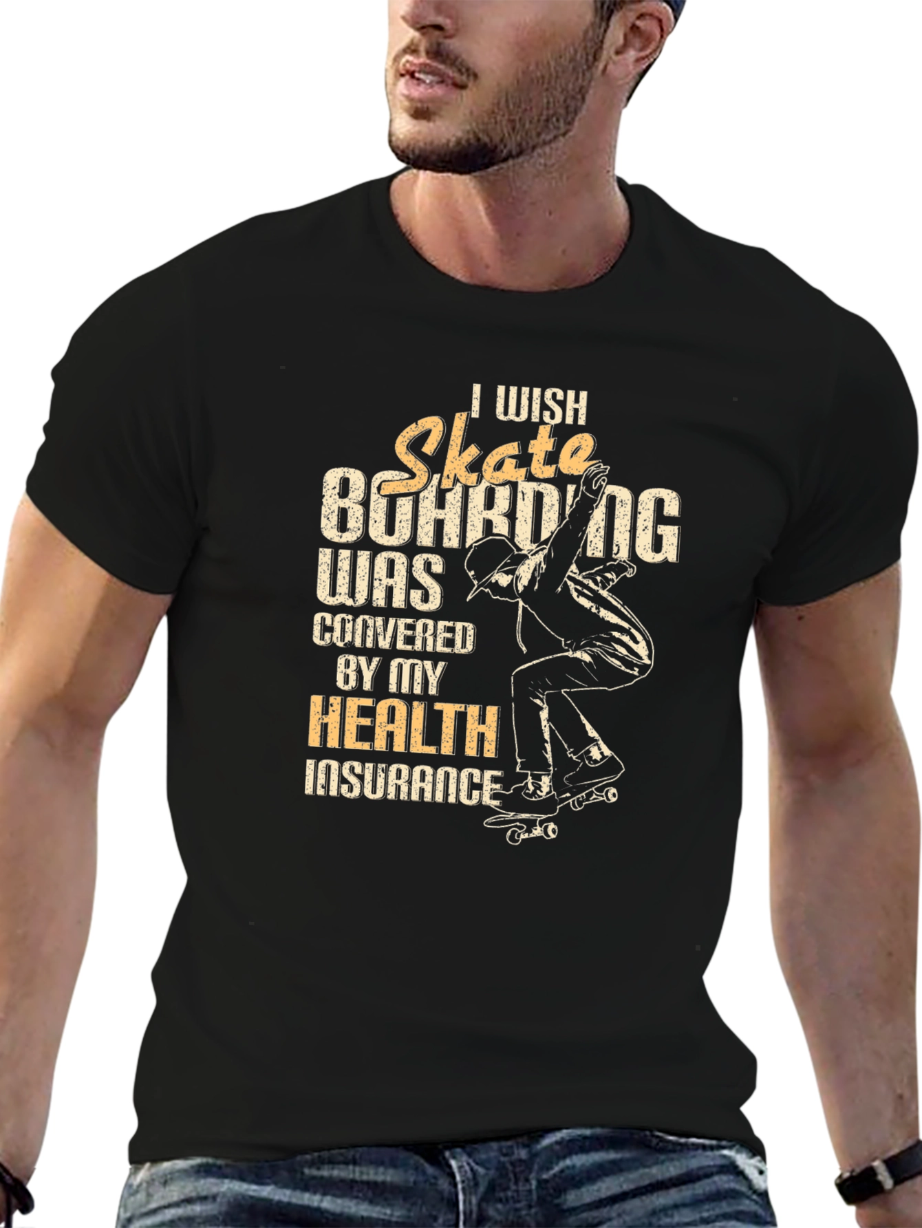 Black Skateboarding Health Insurance T-Shirt view 6