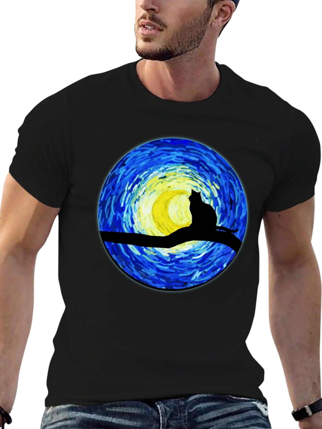 Black Starry Night Cat T-Shirt - Artistic Graphic Tee view 6