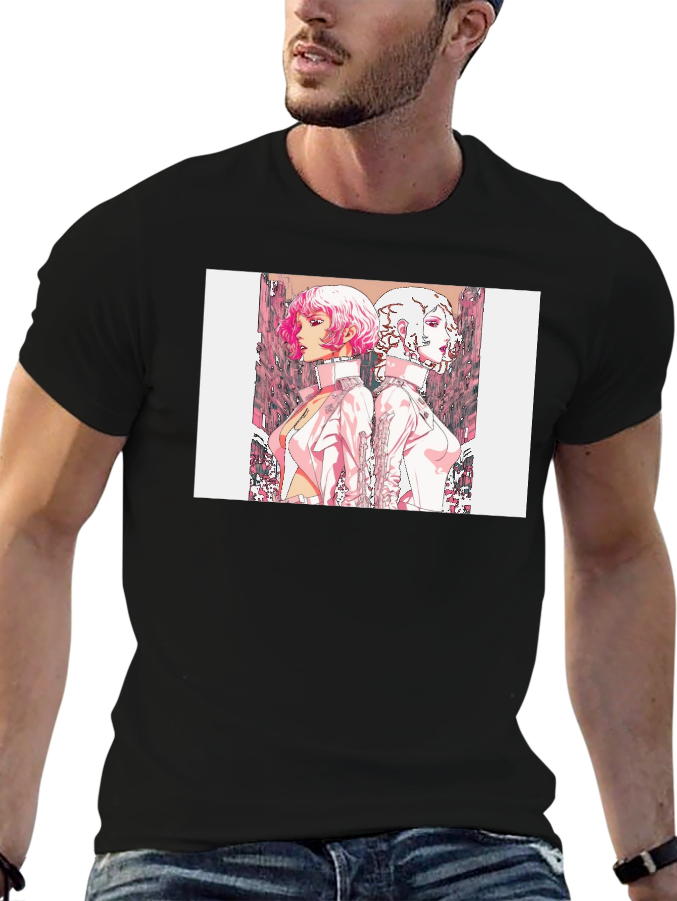 Black Black T-Shirt with Anime Style Graphic Print view 6