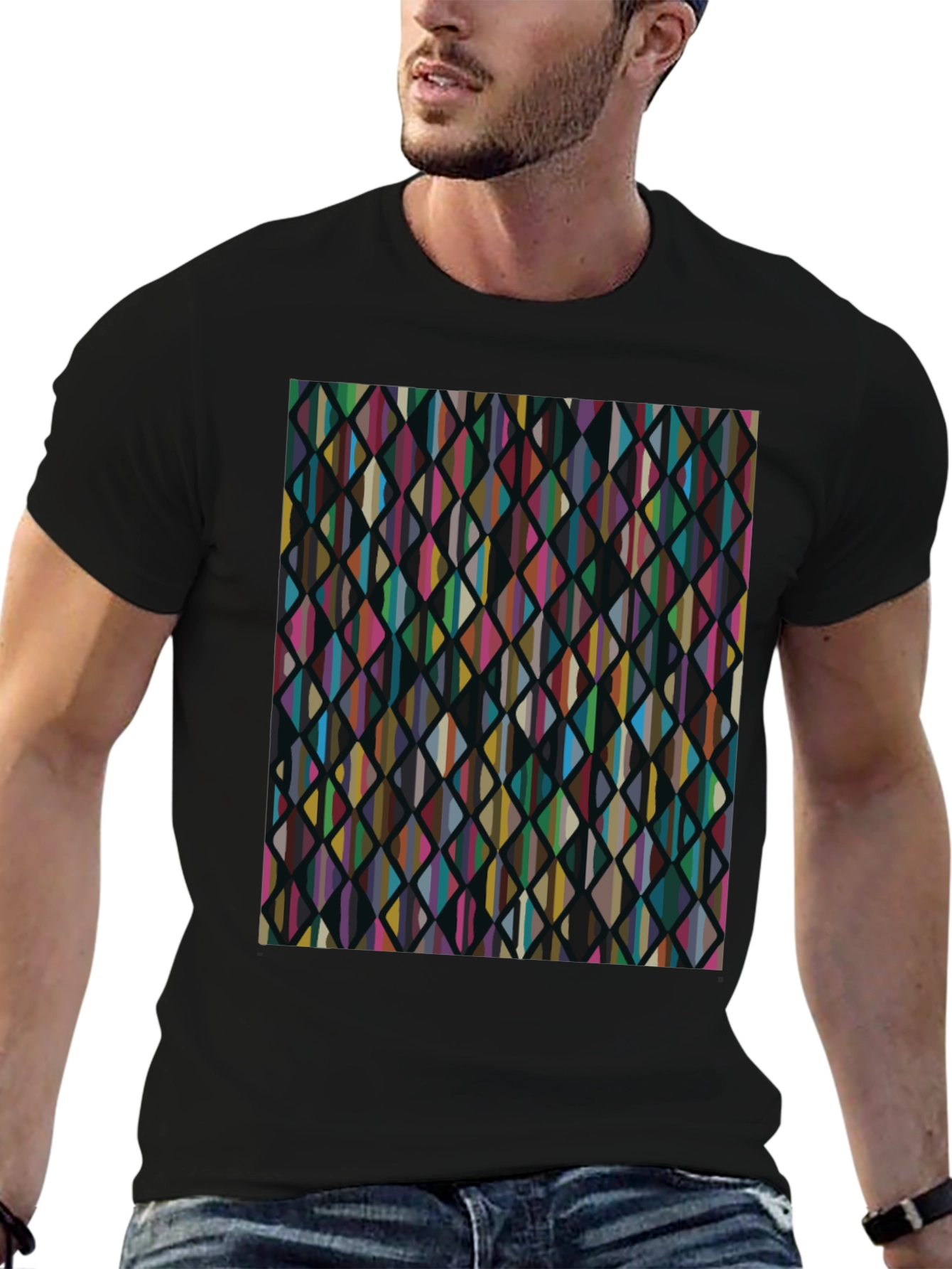 Black Abstract Geometric Rhombus Pattern Black T-Shirt view 6