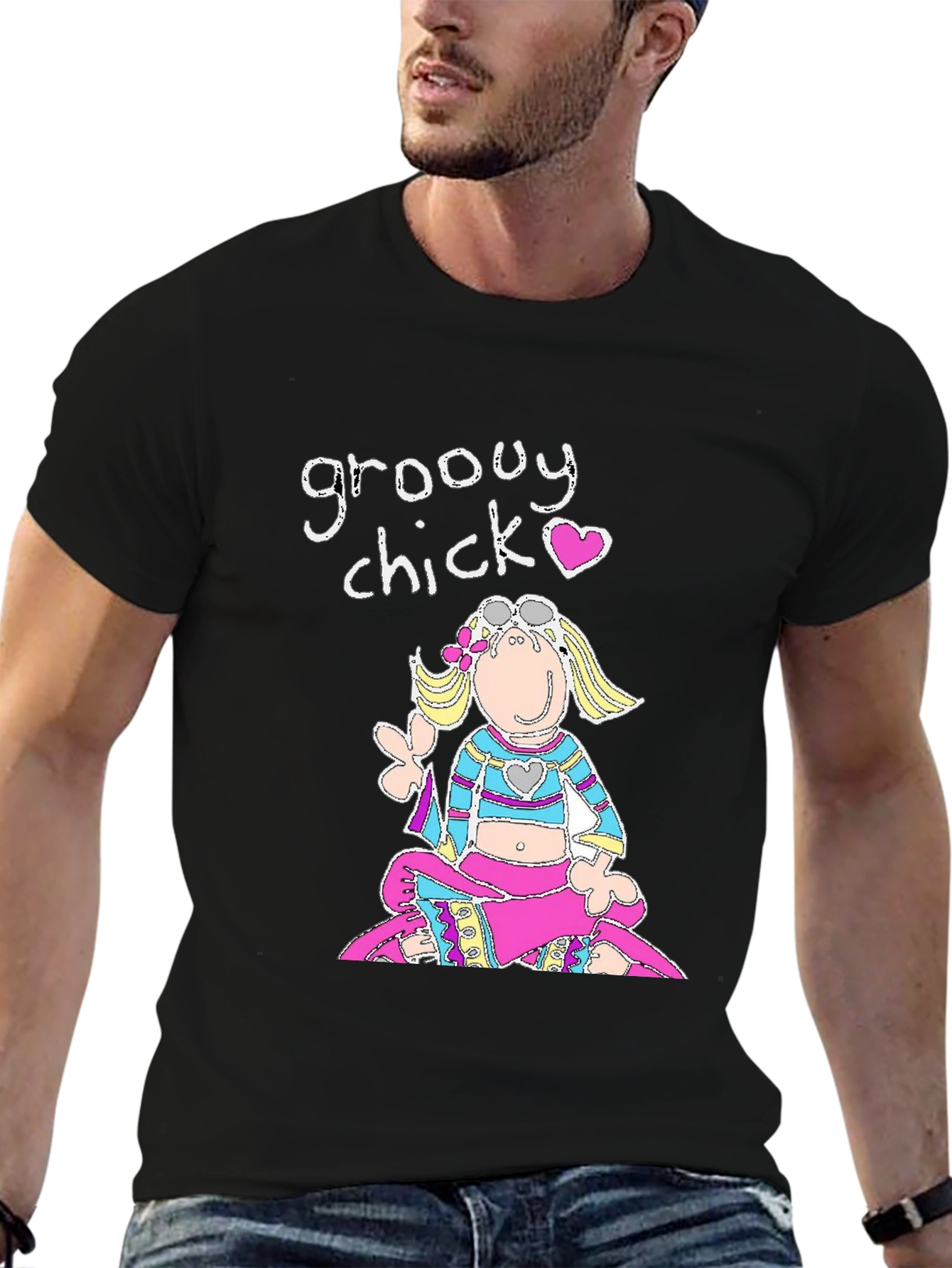 Black Groovy Chick Black Graphic T-Shirt view 6