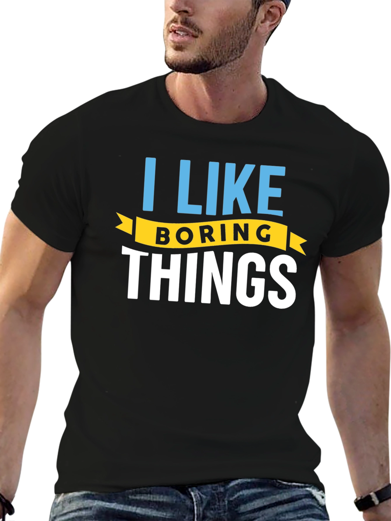Black I Like Boring Things T-Shirt - Black Crew Neck view 6