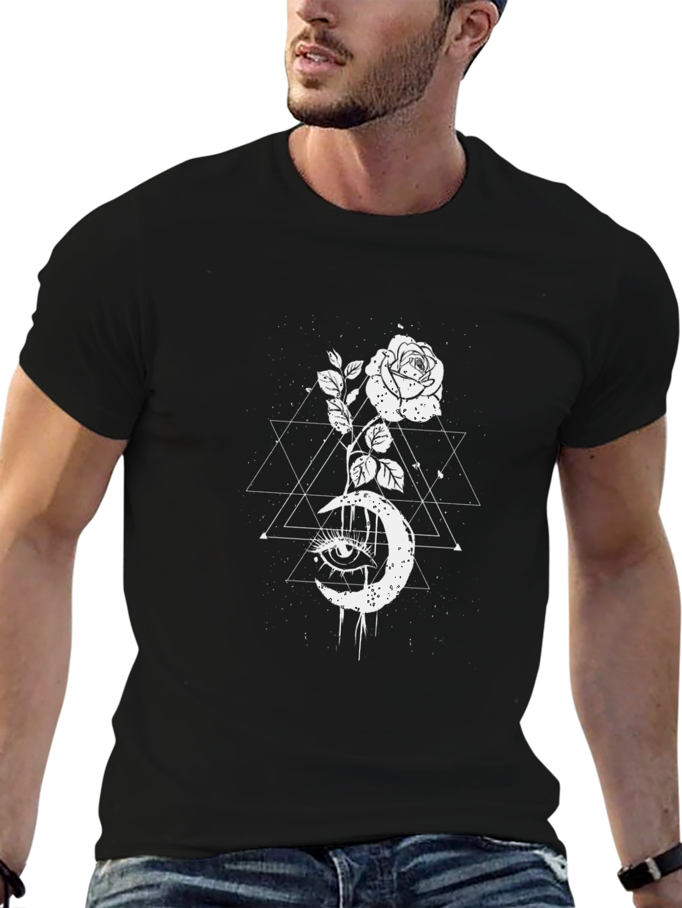 Black Mystic Rose Moon Graphic Tee - Black Cotton Blend view 6