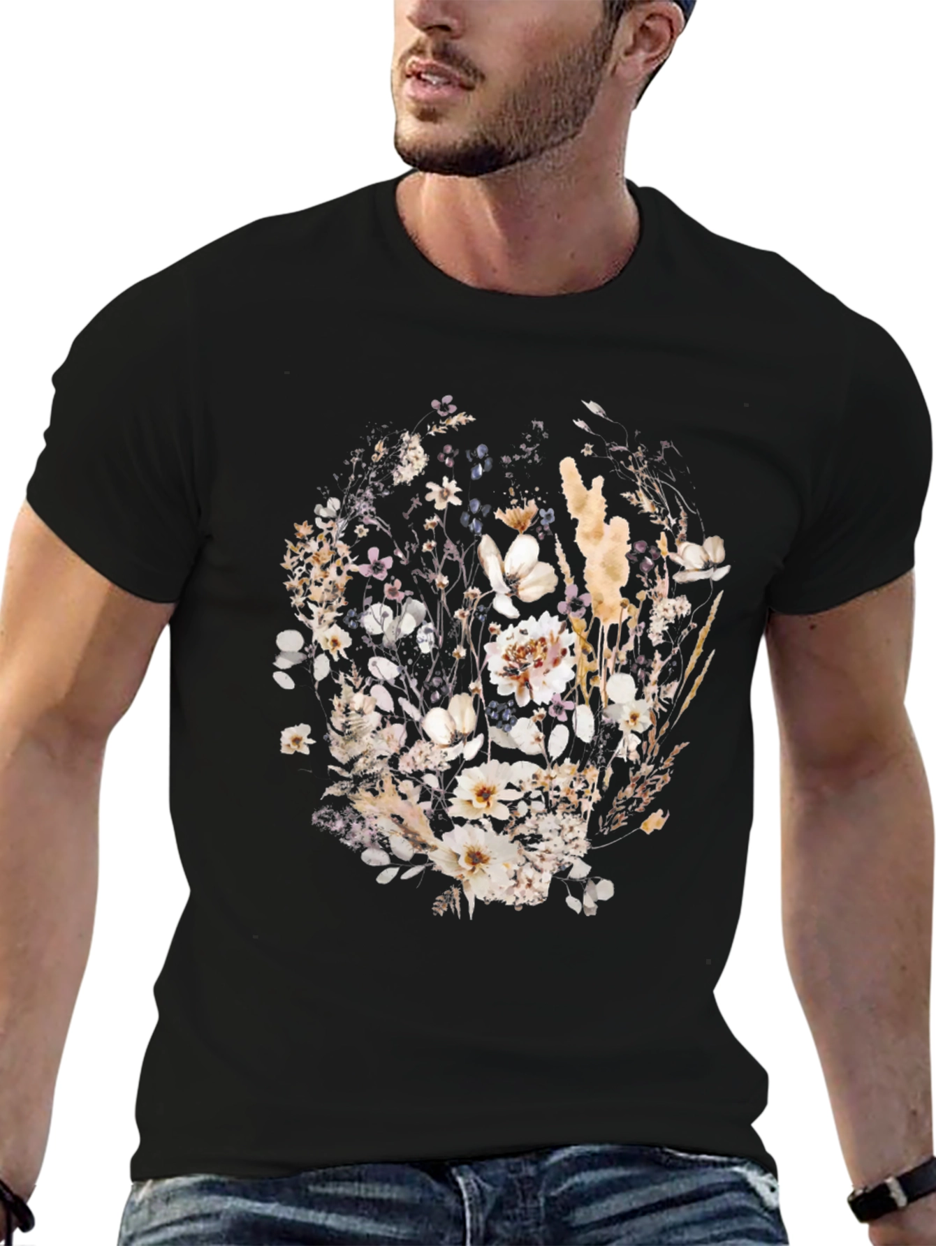Black Floral Print Black Crew Neck T-Shirt view 6