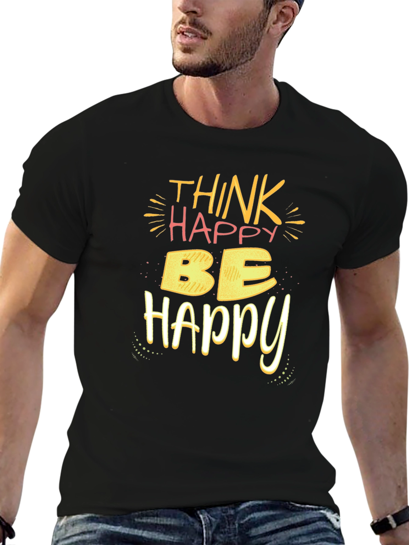 Black Think Happy Be Happy T-Shirt - Black view 6