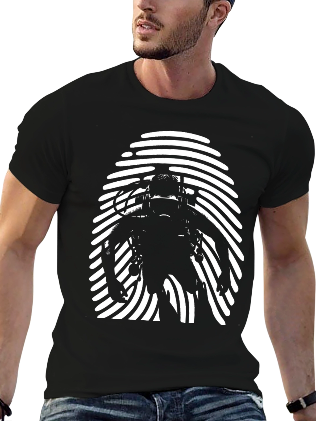 Black Diver Fingerprint Graphic Tee - Black Cotton T-Shirt view 6