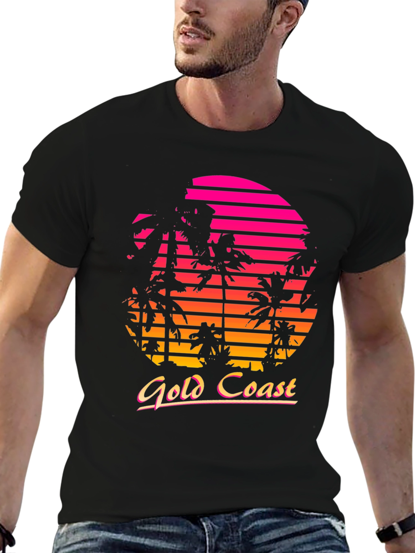 Black Gold Coast Retro Sunset Palm Tree T-Shirt view 6