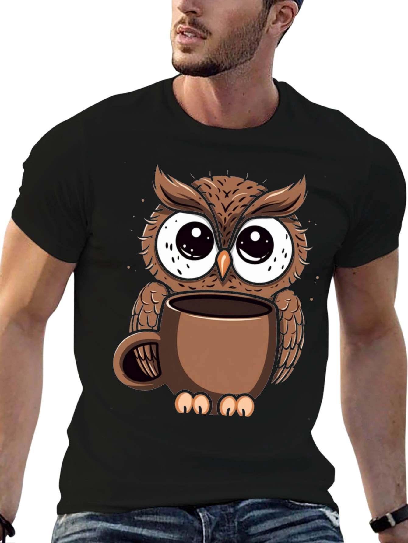 Black Owl Coffee Cup T-Shirt - Whimsical Bird Lover Tee view 6