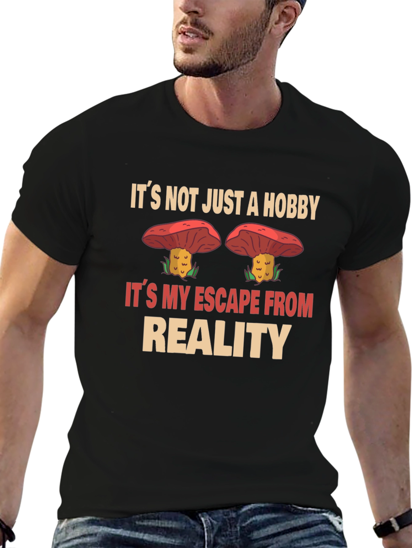 Black Mushroom Hobby T-Shirt: Escape Reality in Style view 6
