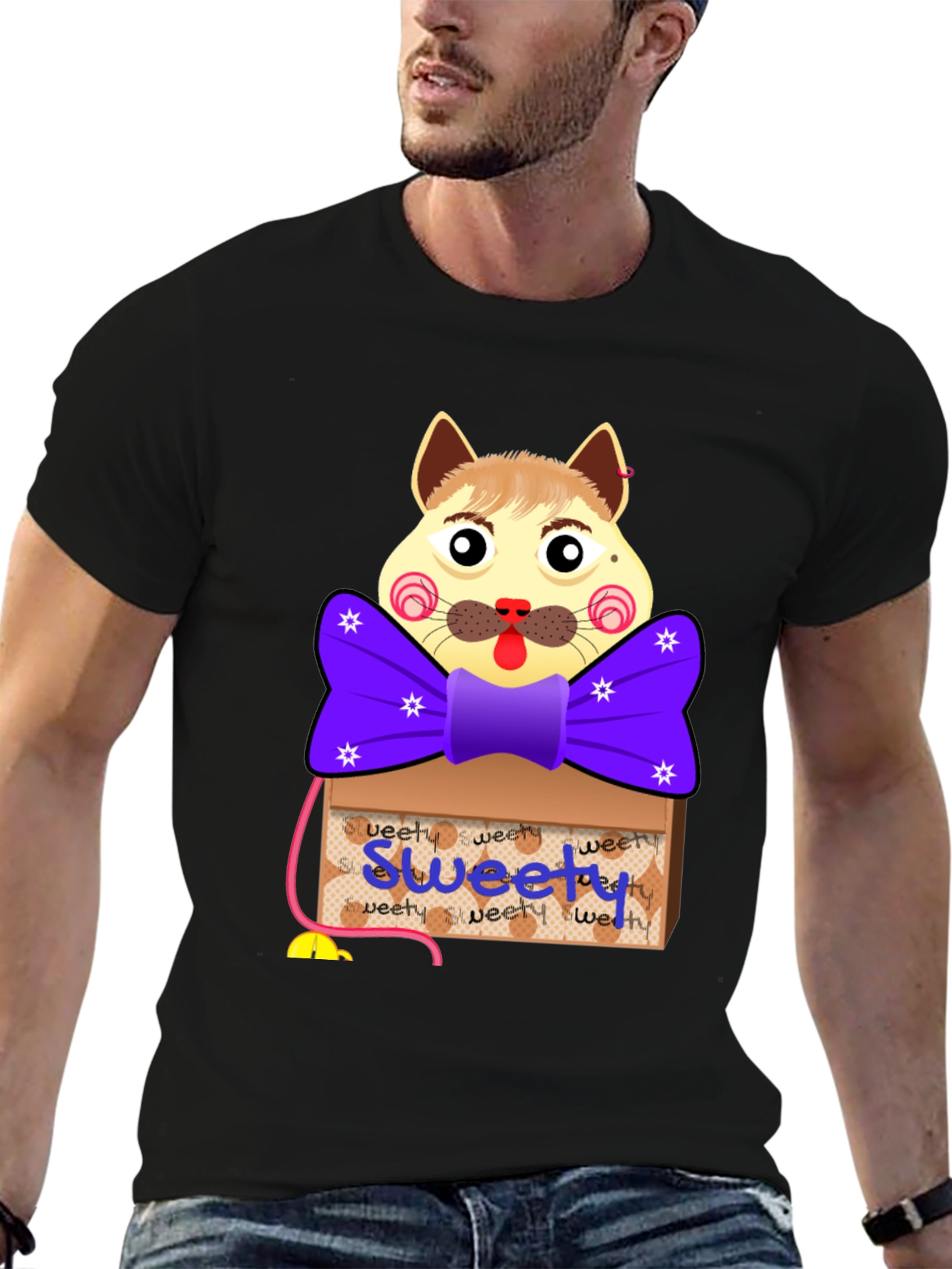 Black Cartoon Cat 'Sweety' Box T-Shirt view 6