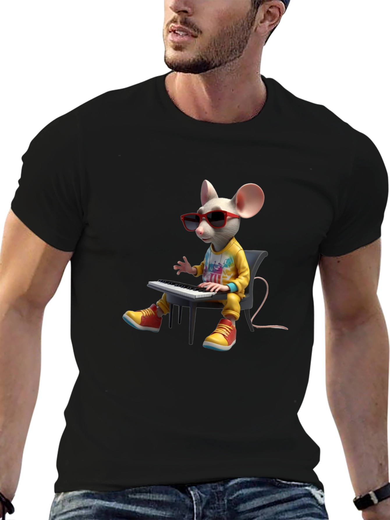 Black Cool Mouse Playing Piano Black T-Shirt view 6