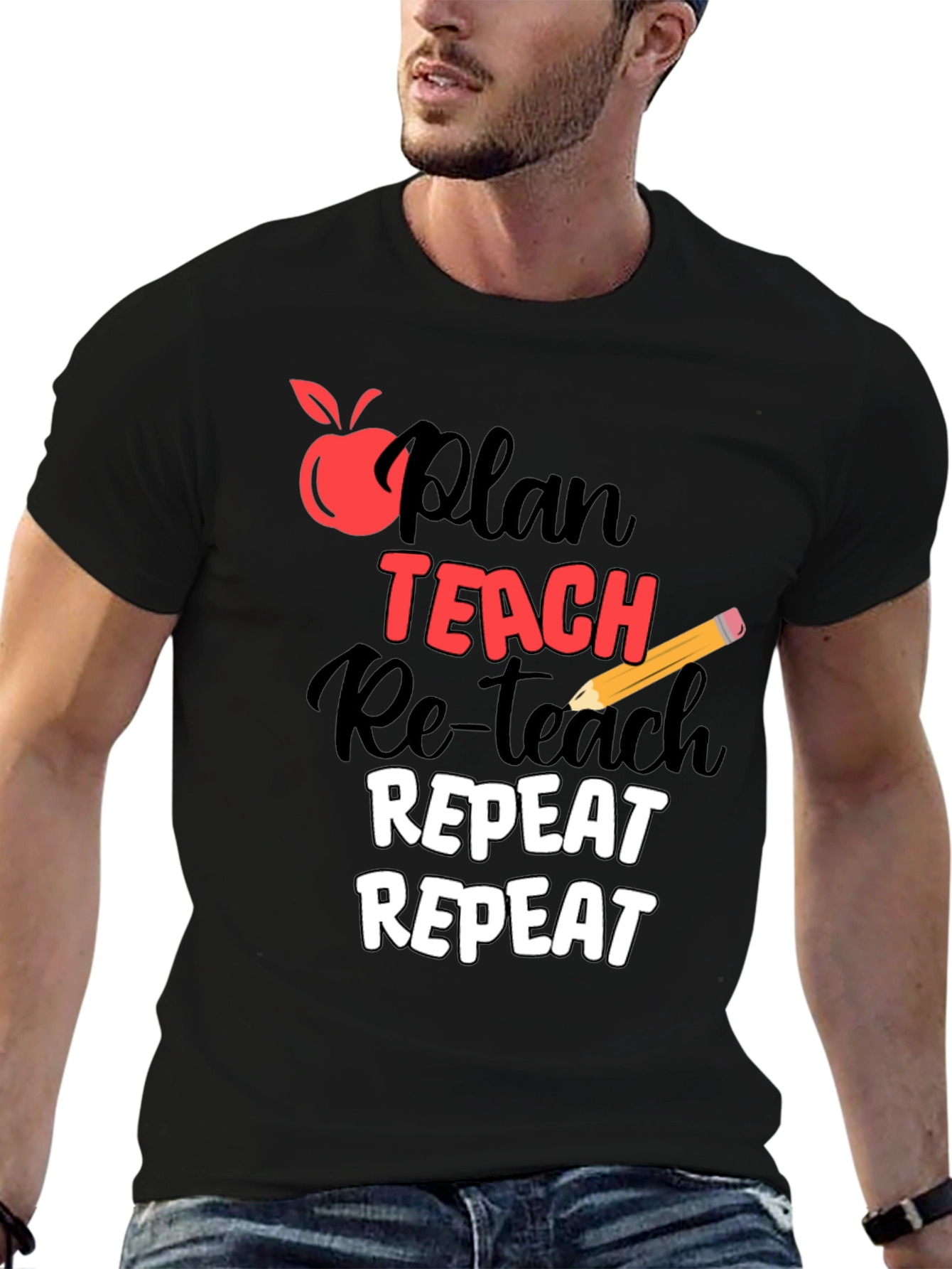 Black Plan Teach Repeat Graphic T-Shirt - Teacher Life Tee view 6