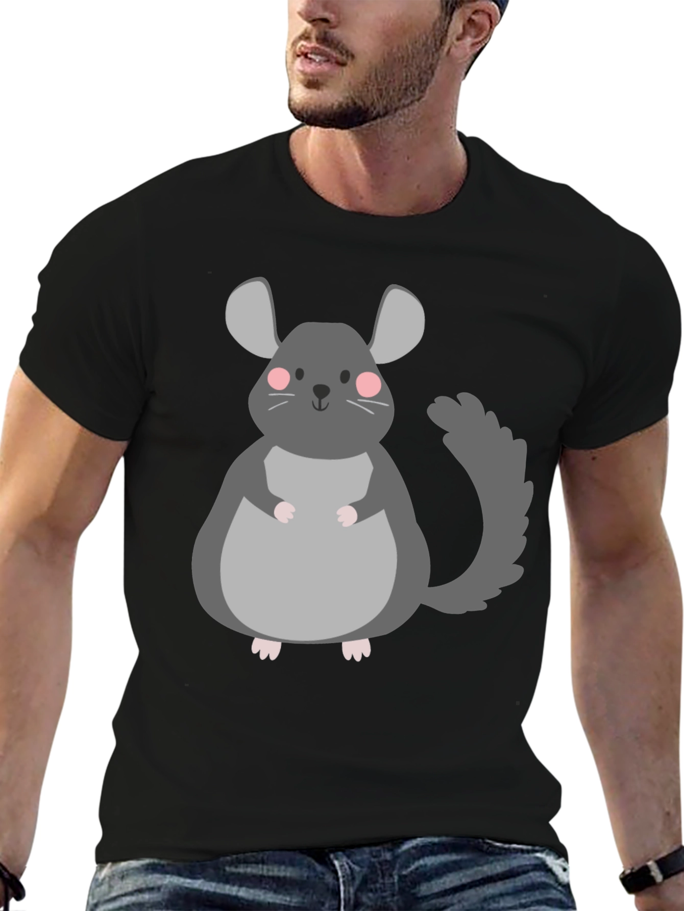 Black Cute Chinchilla Graphic T-Shirt - Unisex Black Tee view 6