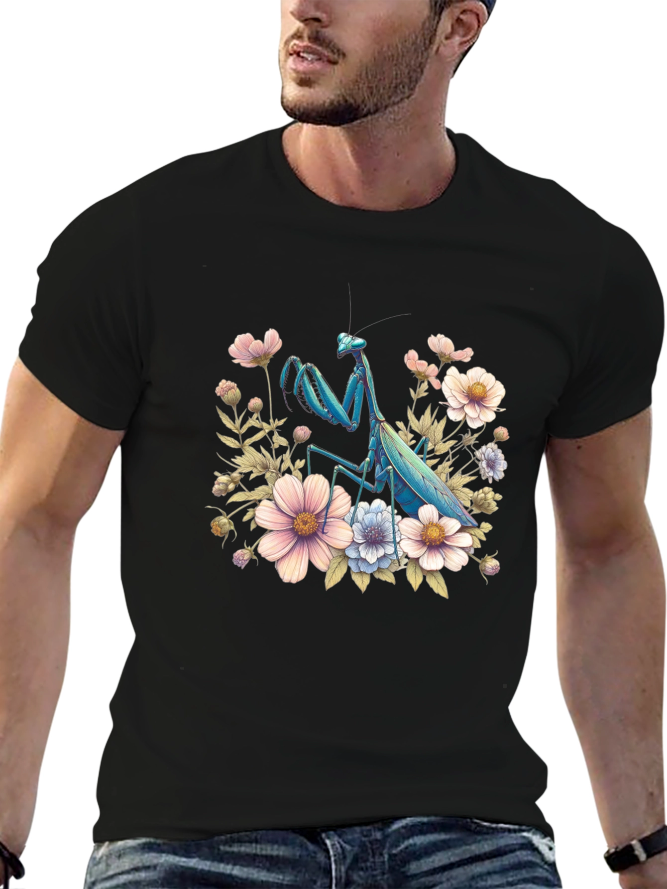 Black Floral Mantis Graphic Tee - Unique Bug Design view 6