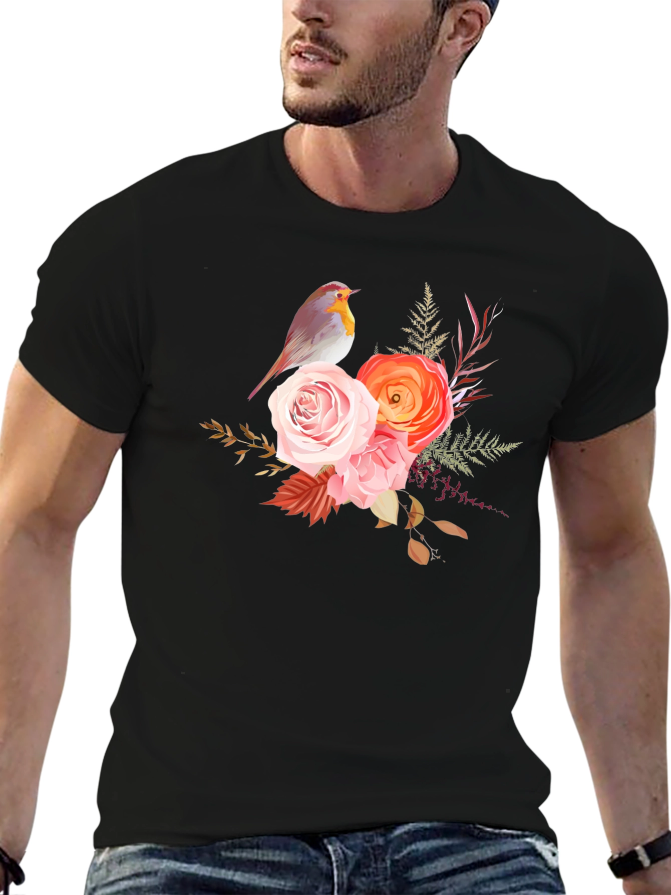 Black Floral Bird Graphic Tee - Soft Black Cotton Casual Wear view 6