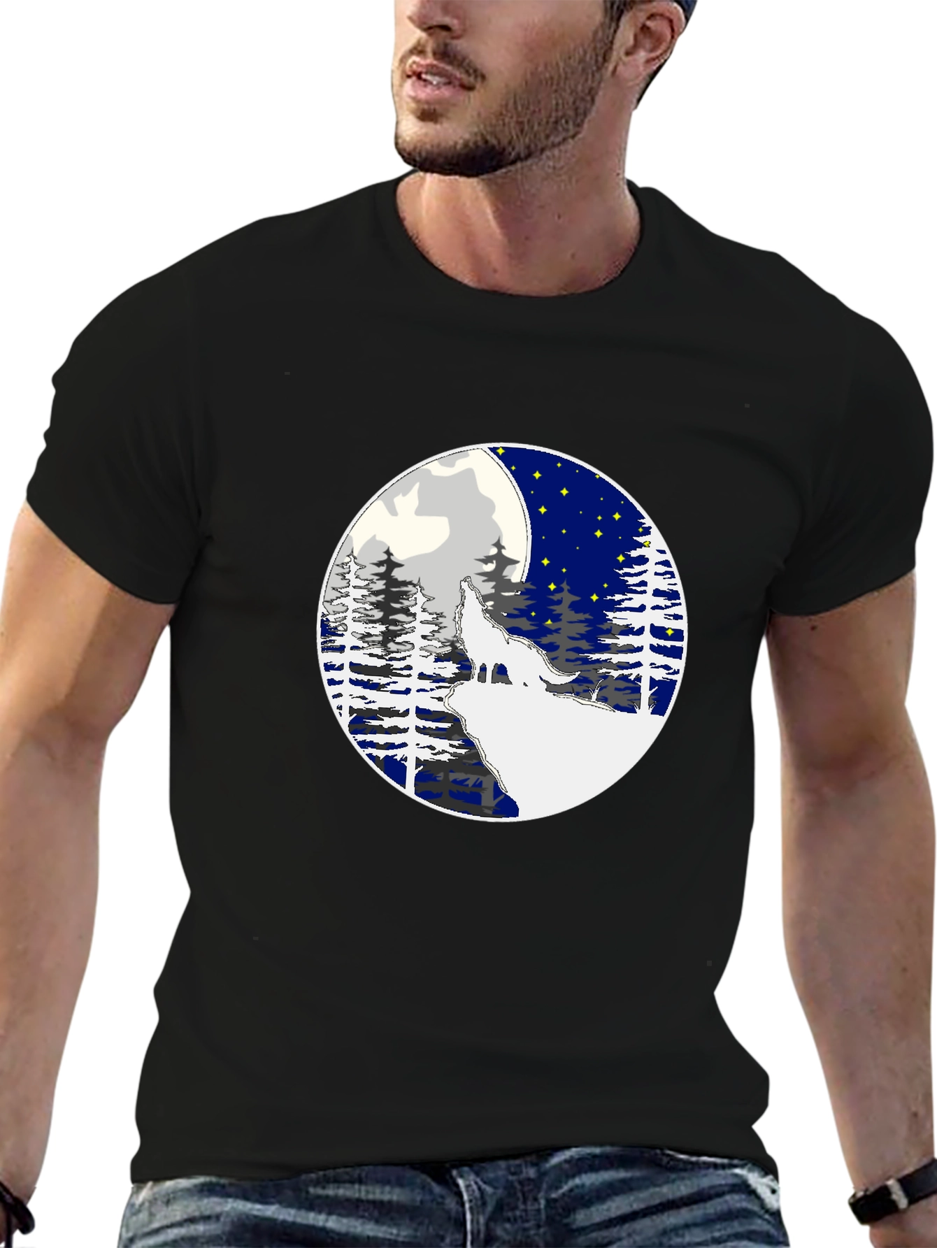 Black Wolf Howling Moon Graphic Tee - Stylish Black T-Shirt view 6