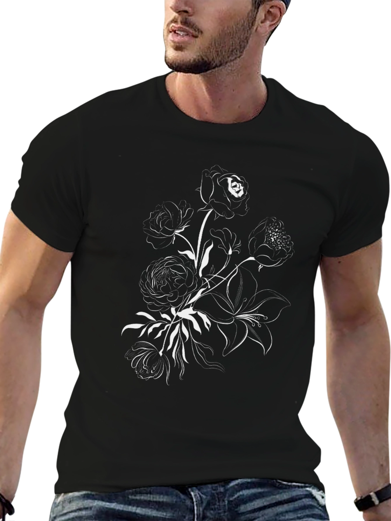 Black Floral Design Black T-Shirt view 6