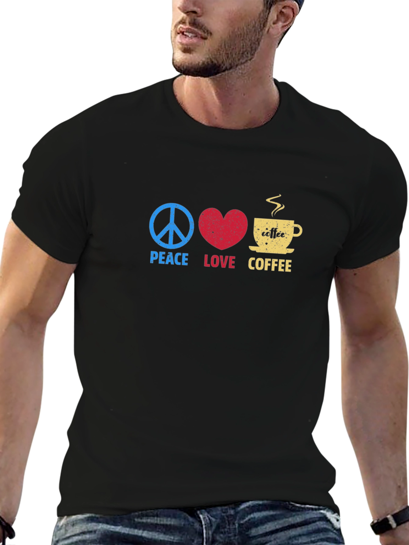 Black Peace Love Coffee Graphic Tee - Trendy Casual Comfort view 6