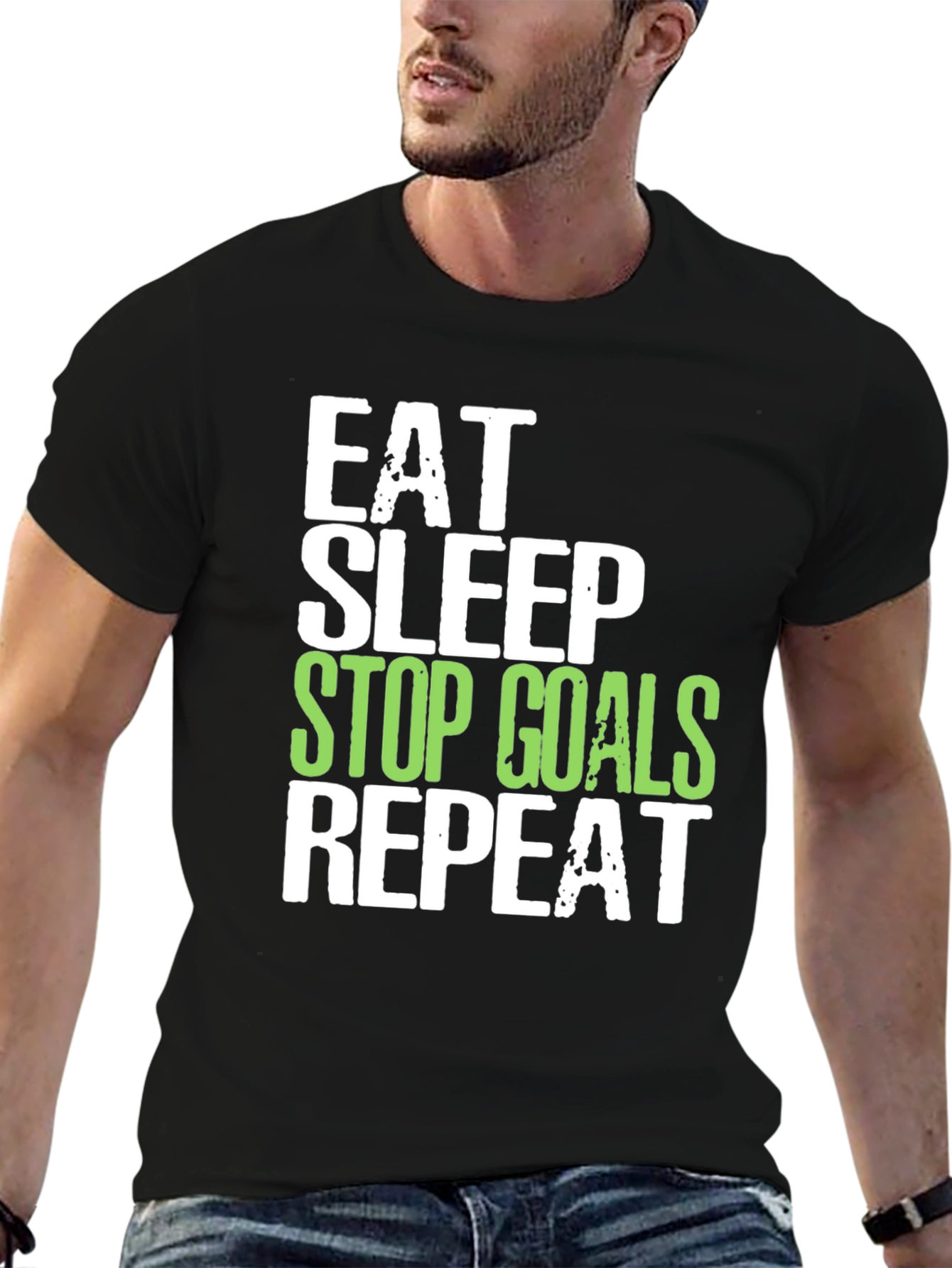 Black Eat Sleep Stop Goals Repeat T-Shirt view 6