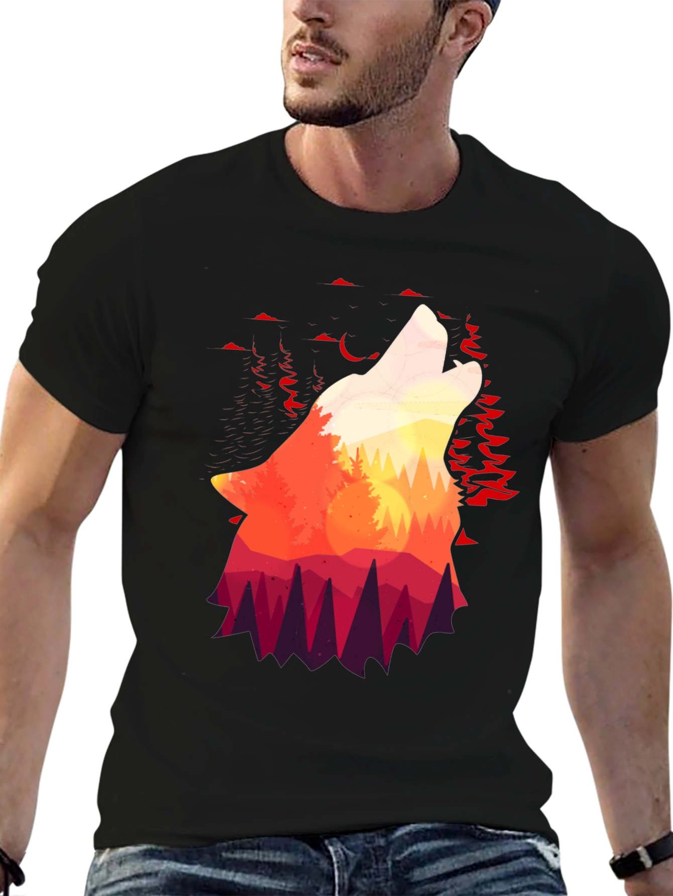 Black Wolf Howl Silhouette Graphic T-Shirt view 6