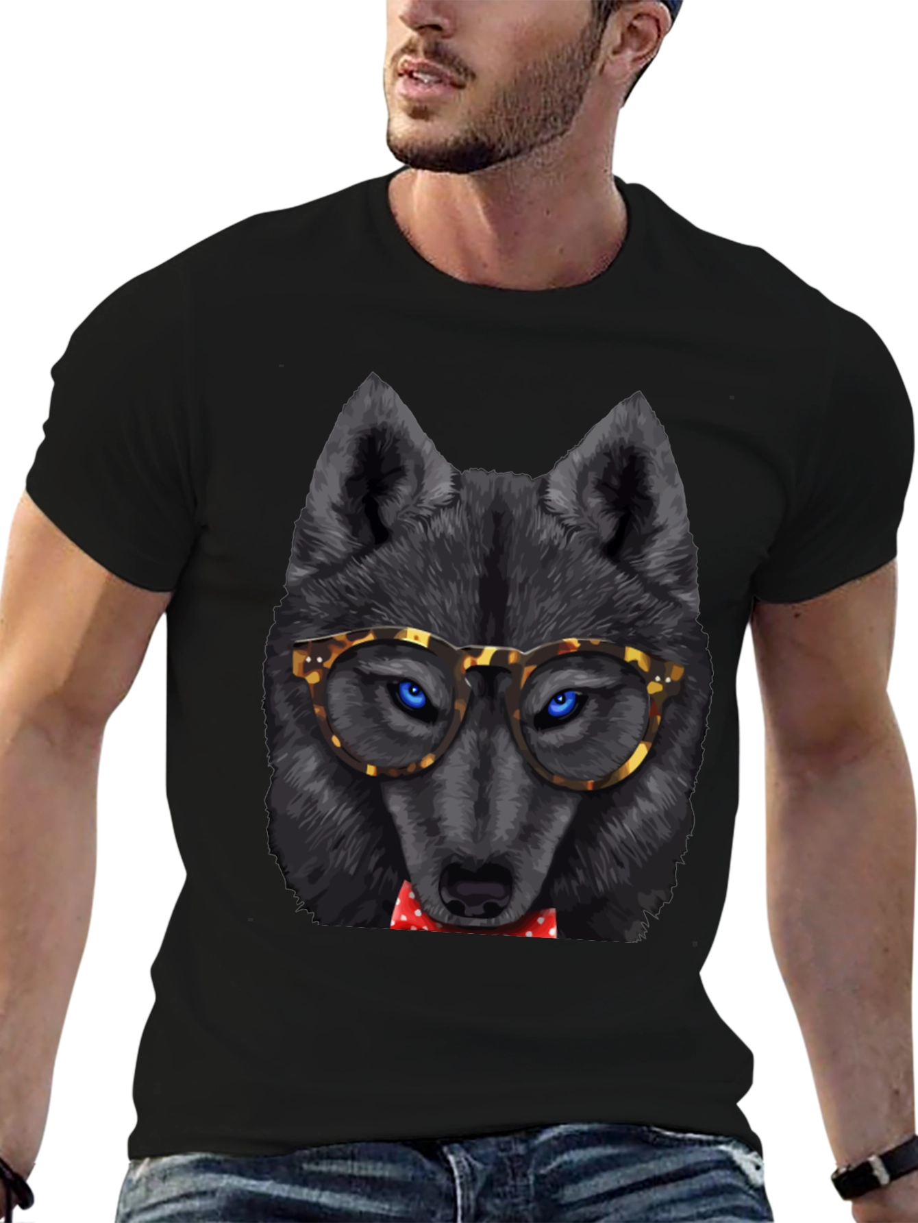 Black Wolf in Glasses Graphic Tee - Cool Animal Print Shirt view 6