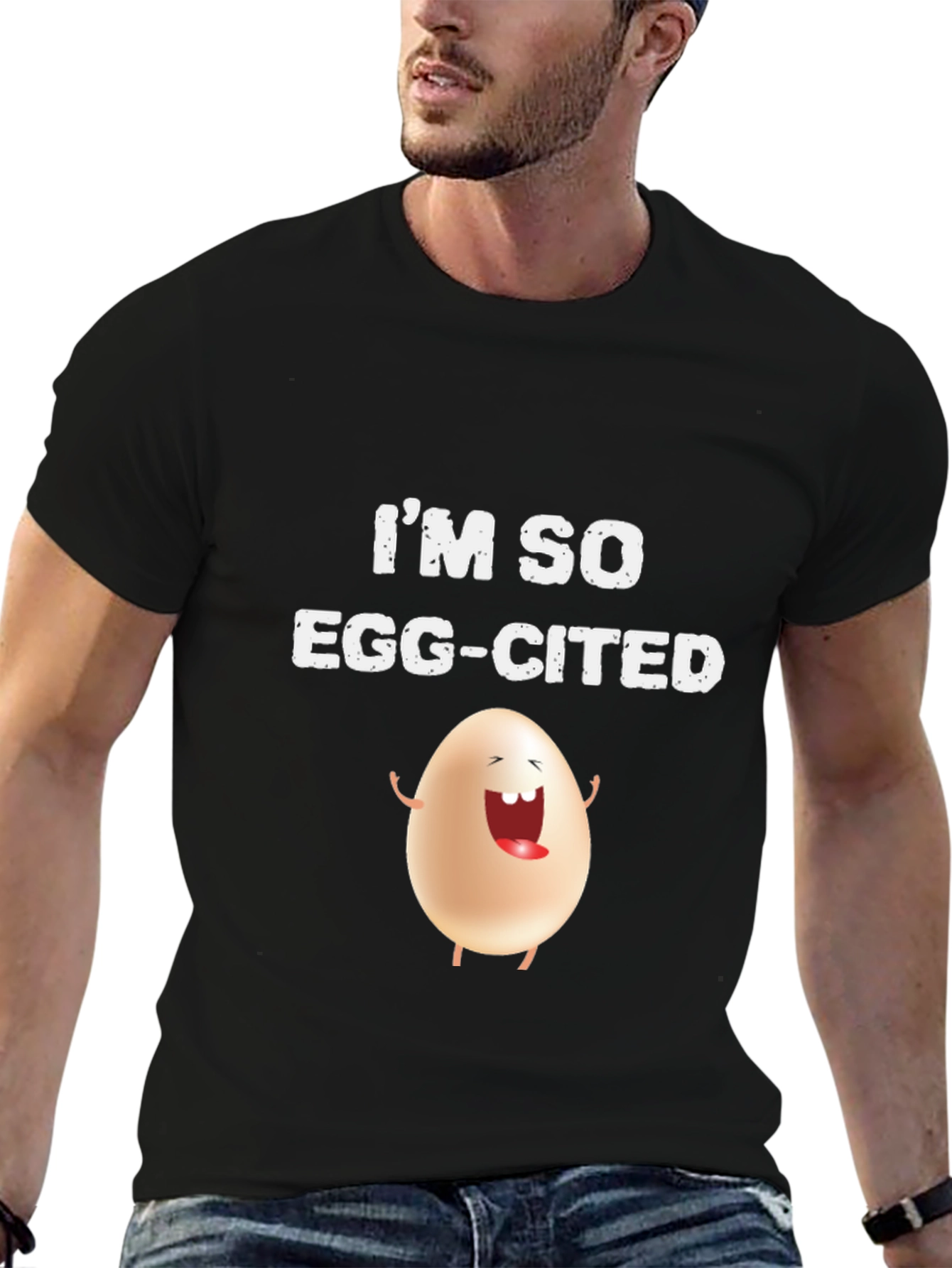 Black I'm So Egg-Cited T-Shirt - Funny Egg Cartoon Design view 6