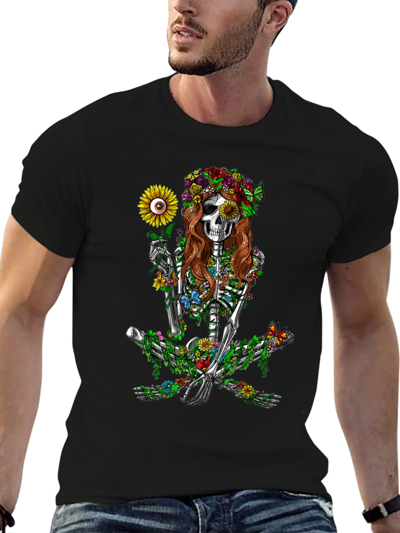 Black Floral Skeleton Graphic T-Shirt - Unisex Black Tee view 6