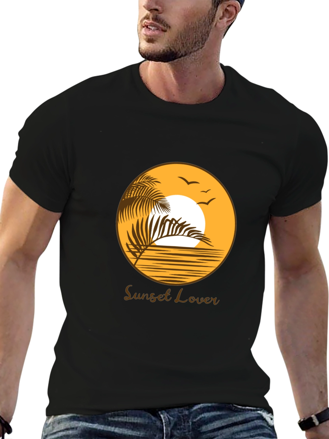 Black Sunset Lover Graphic Tee - Black Cotton T-Shirt view 6