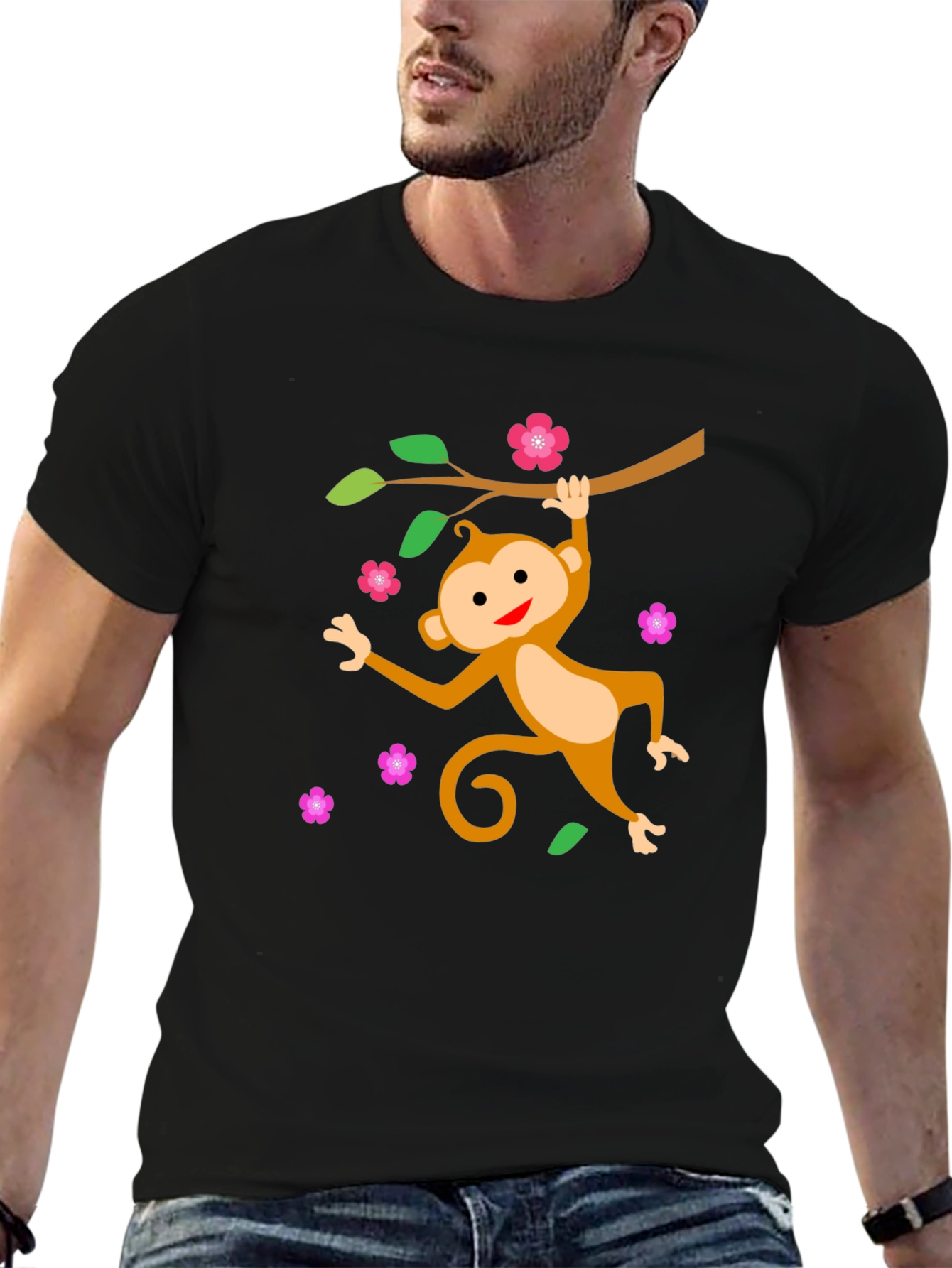 Black Cute Monkey Tree Branch Black T-Shirt view 6