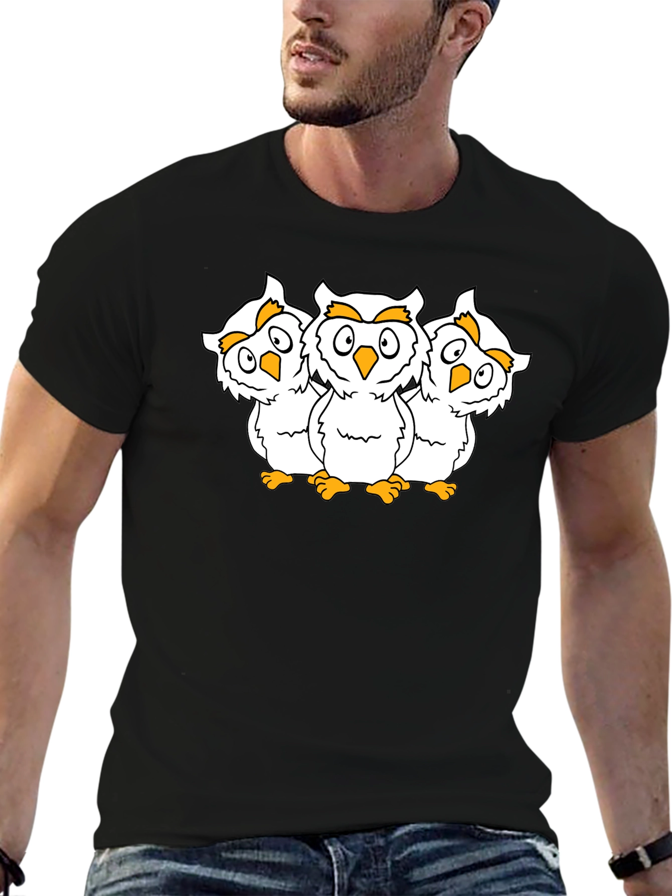Black Black T-Shirt with Three Cartoon Owls view 6