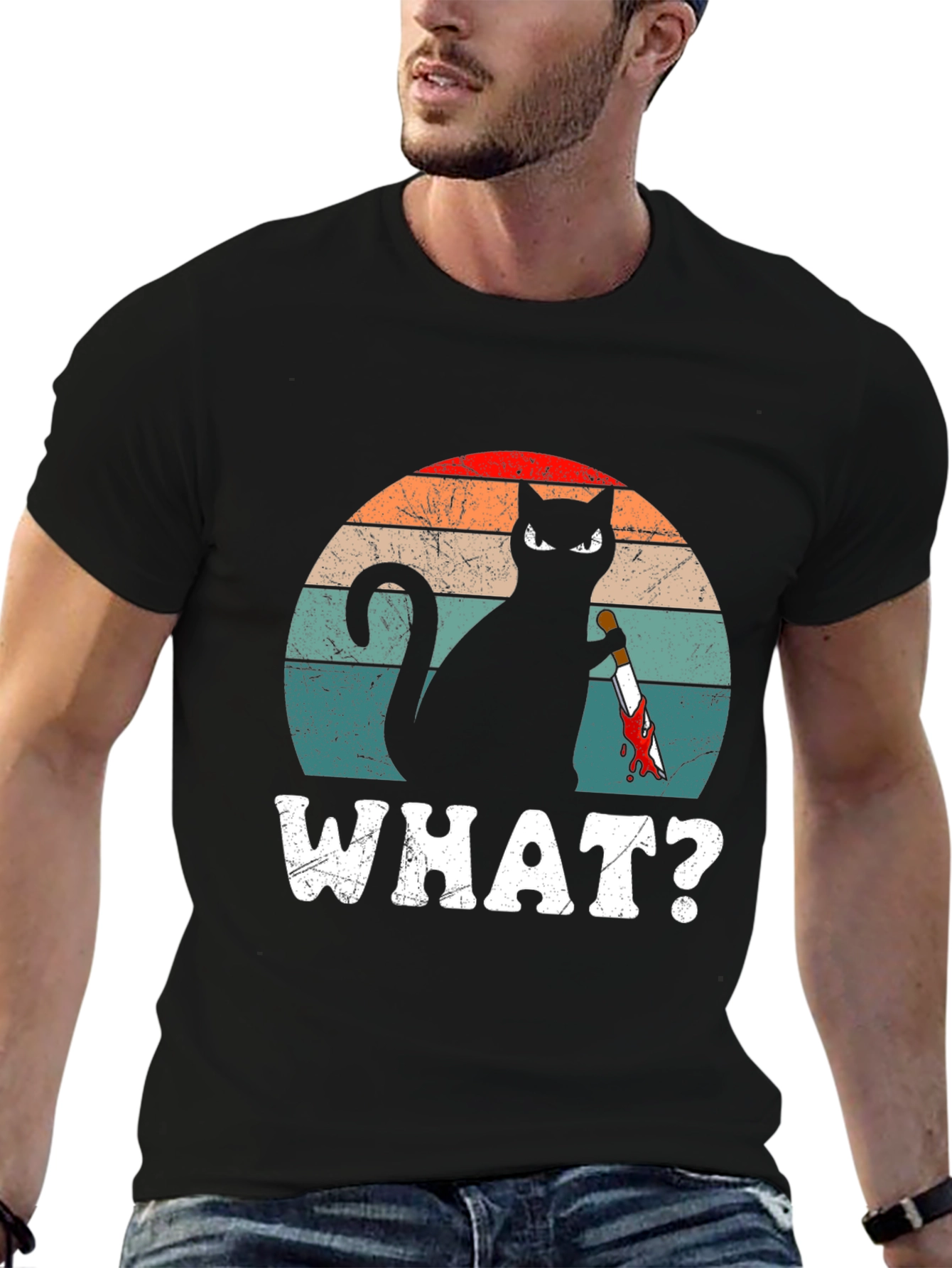 Black Cat With Knife T-Shirt - "WHAT?" Funny Graphic Tee view 6