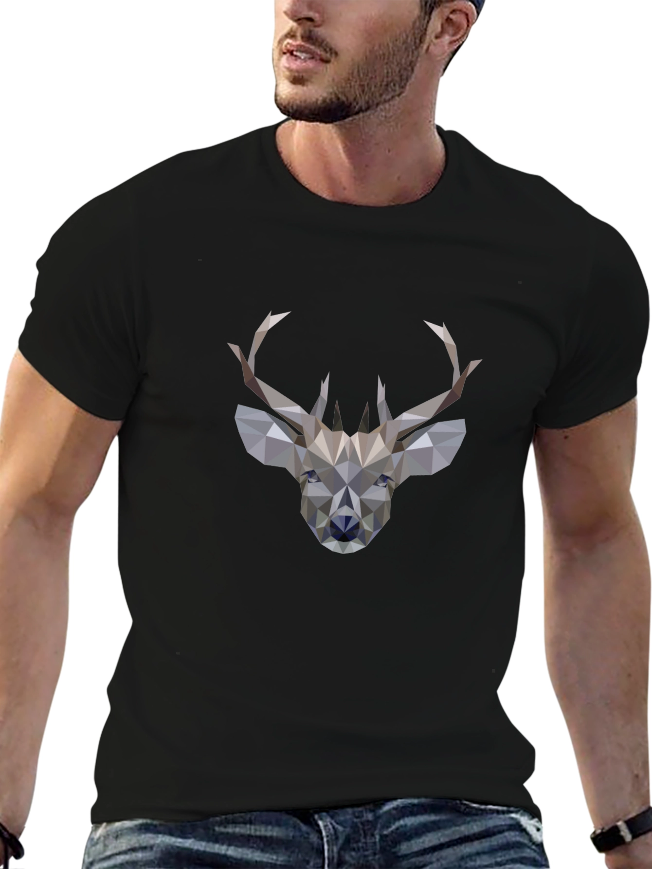 Black Geometric Deer Graphic Black T-Shirt view 6