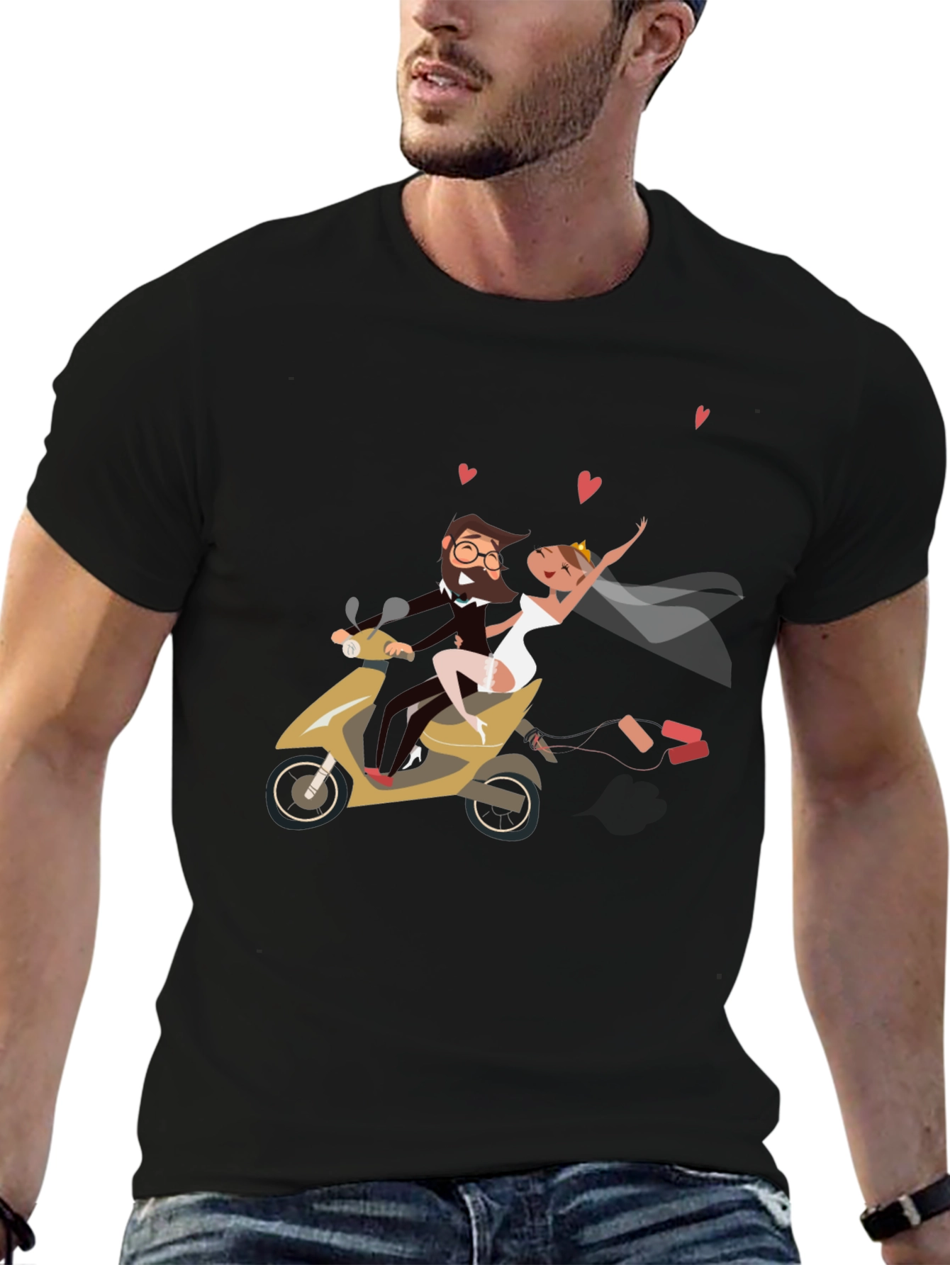 Black Wedding Couple Scooter Ride Black T-Shirt view 6