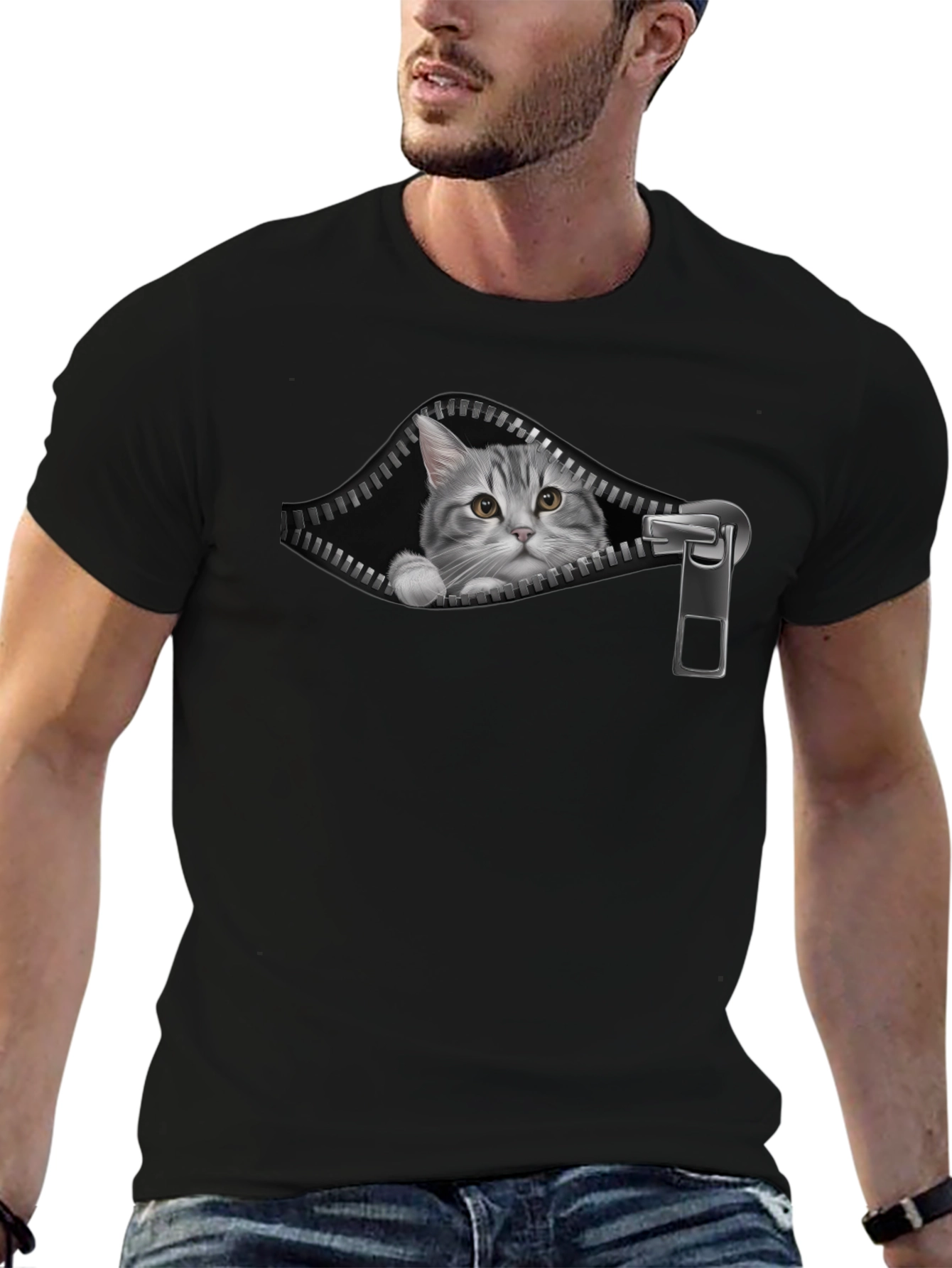 Black Cat Zipper T-Shirt - Unique Graphic Tee view 6