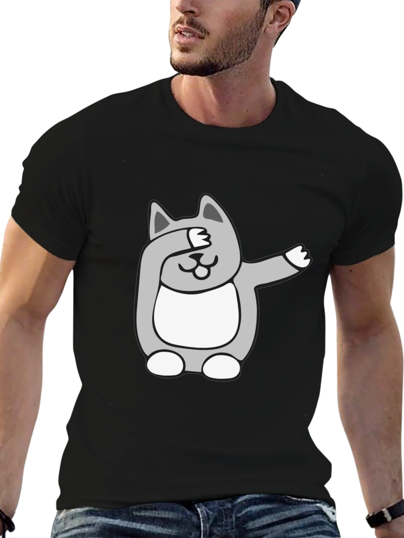 Black Dabbing Cat Graphic Tee - Funny Novelty T-Shirt view 6