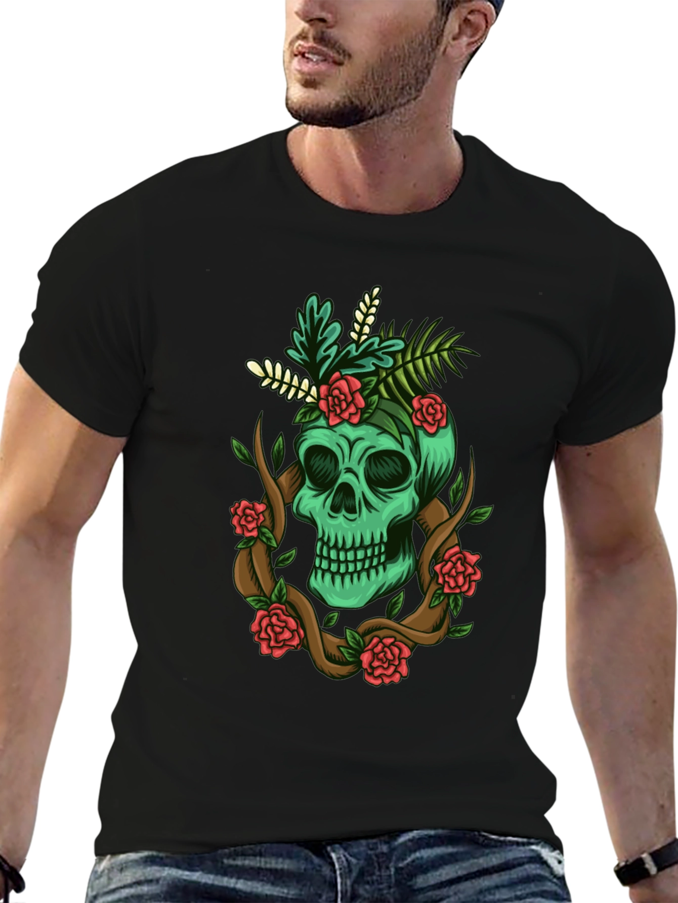 Black Skull & Roses Graphic Tee - Men's Black T-Shirt view 6