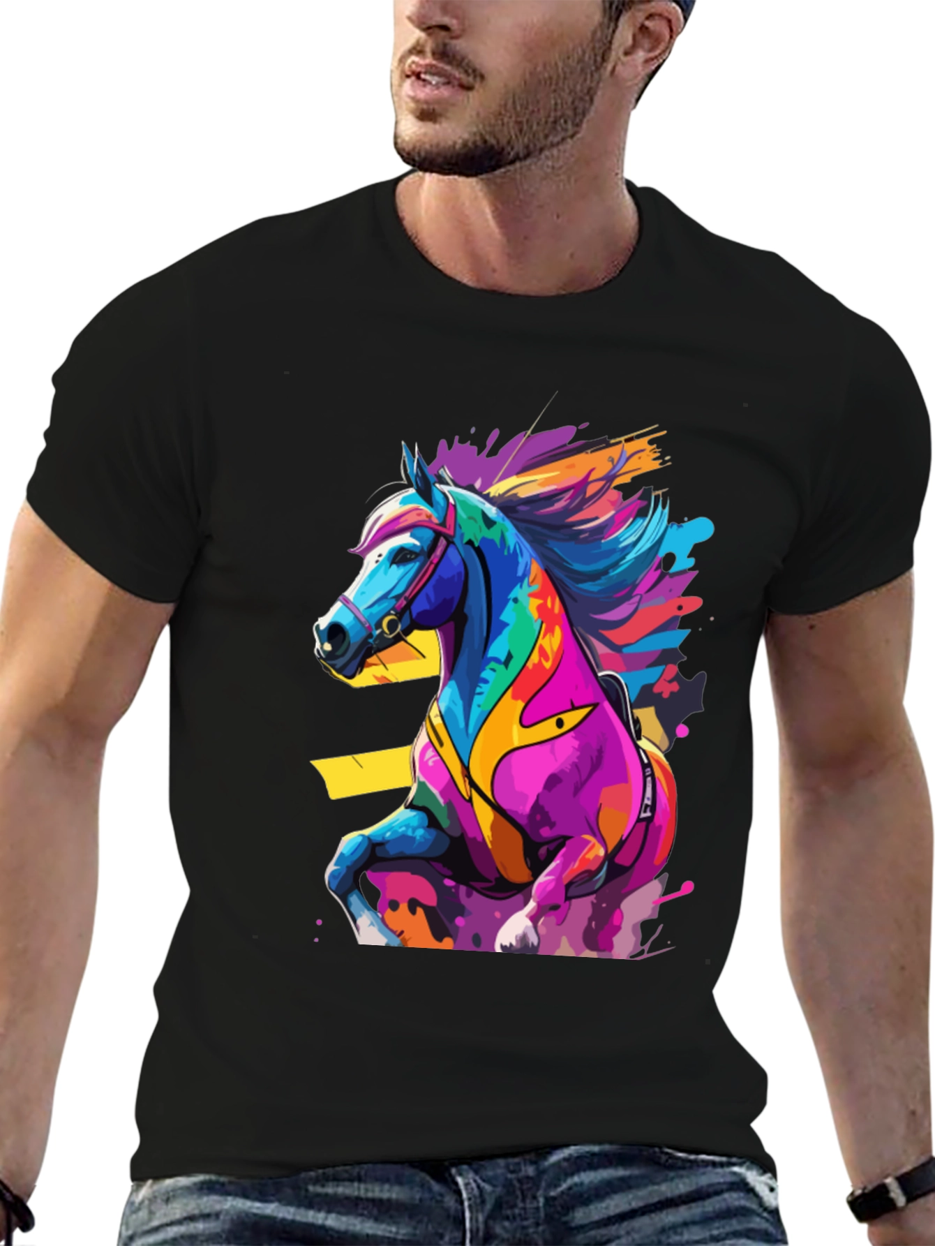 Black Colorful Horse Graphic Tee - Artistic Animal Design view 6