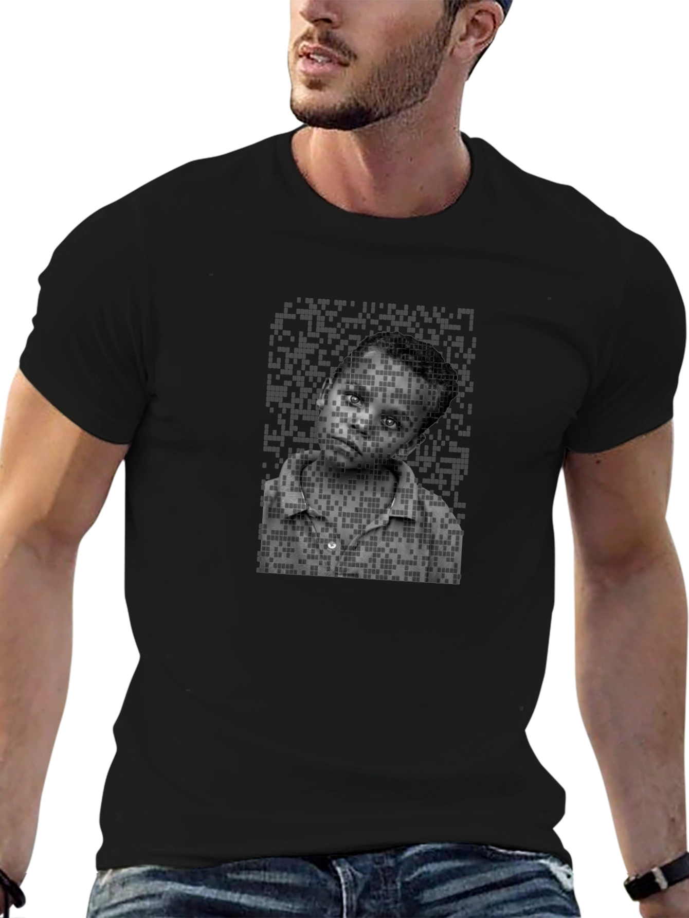 Black Pixelated Portrait Tee - Unique Graphic Design view 6