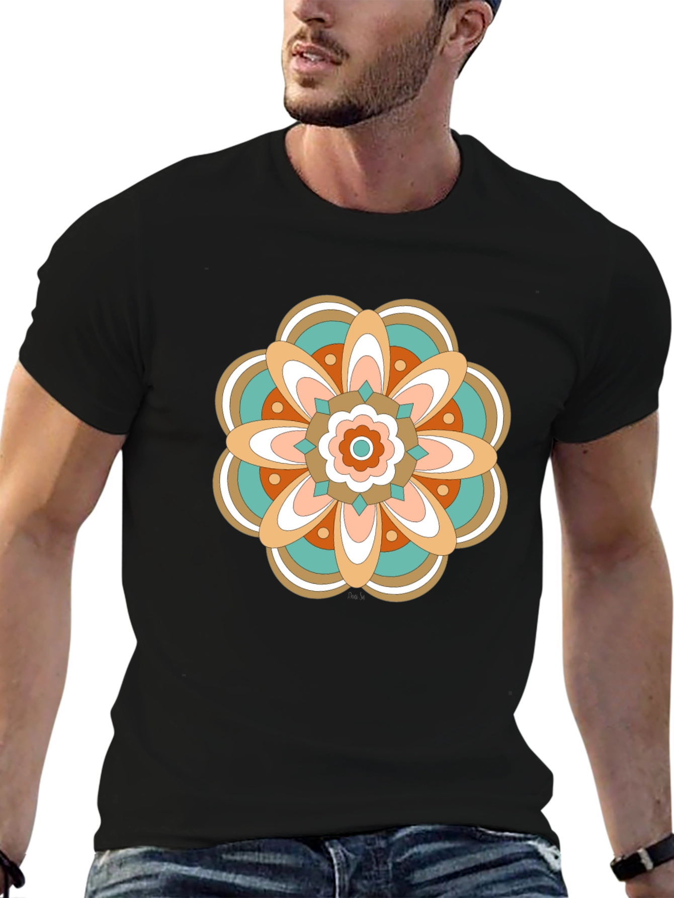 Black Retro Floral Mandala Graphic T-Shirt view 6