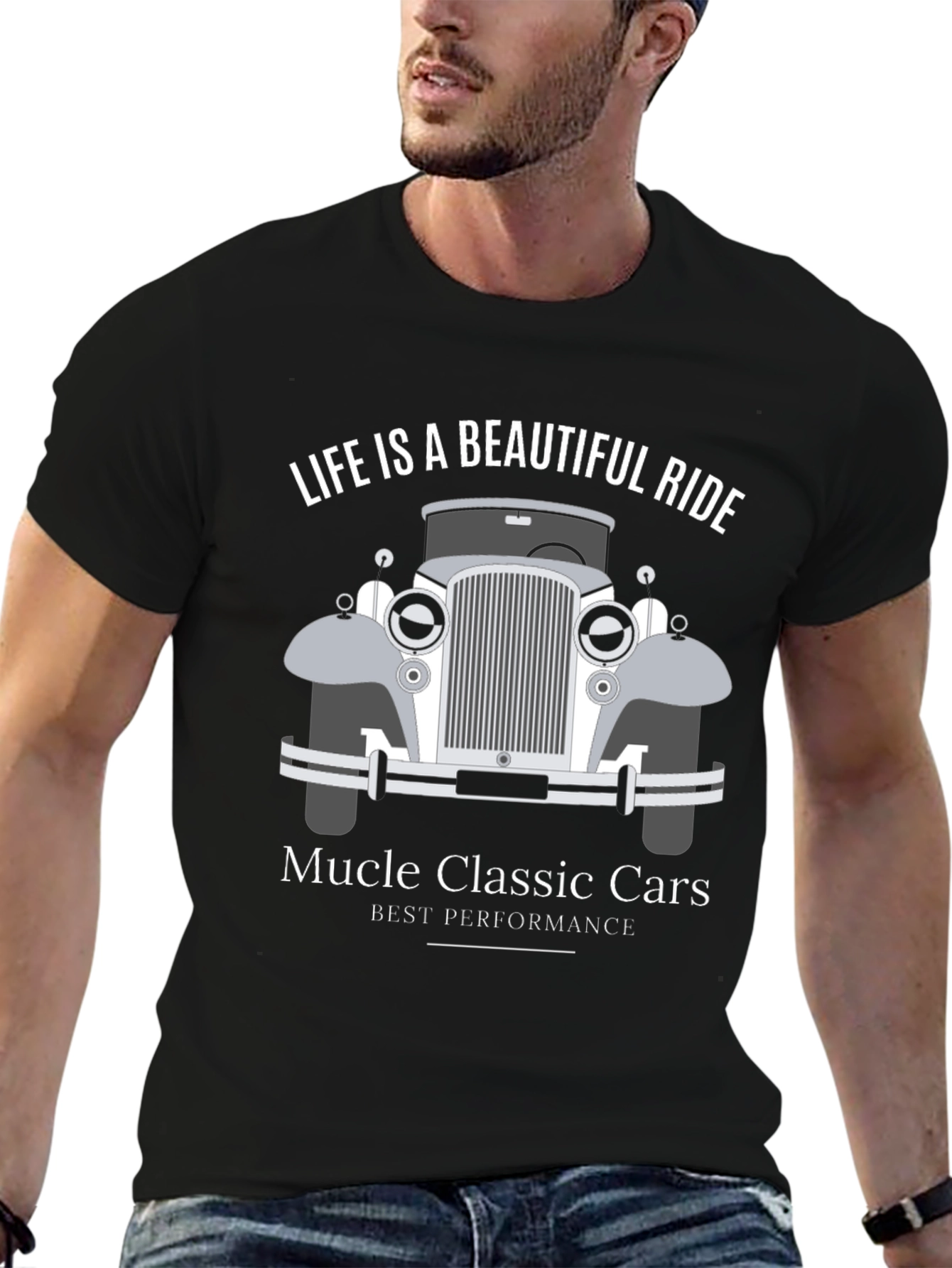 Black Classic Car Graphic Tee - "Life is a Beautiful Ride" view 6