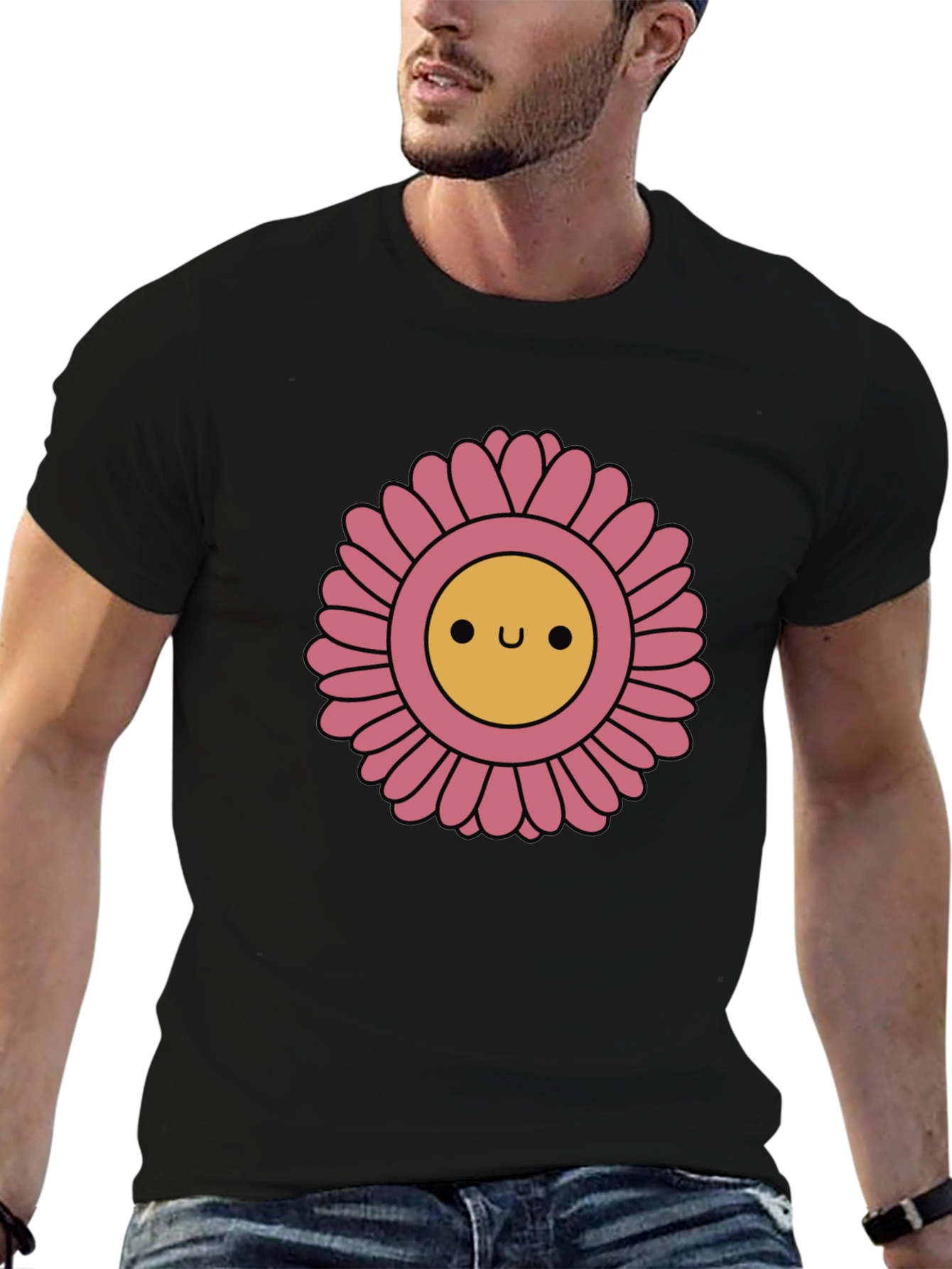 Black Cute Smiling Flower Graphic T-Shirt view 6