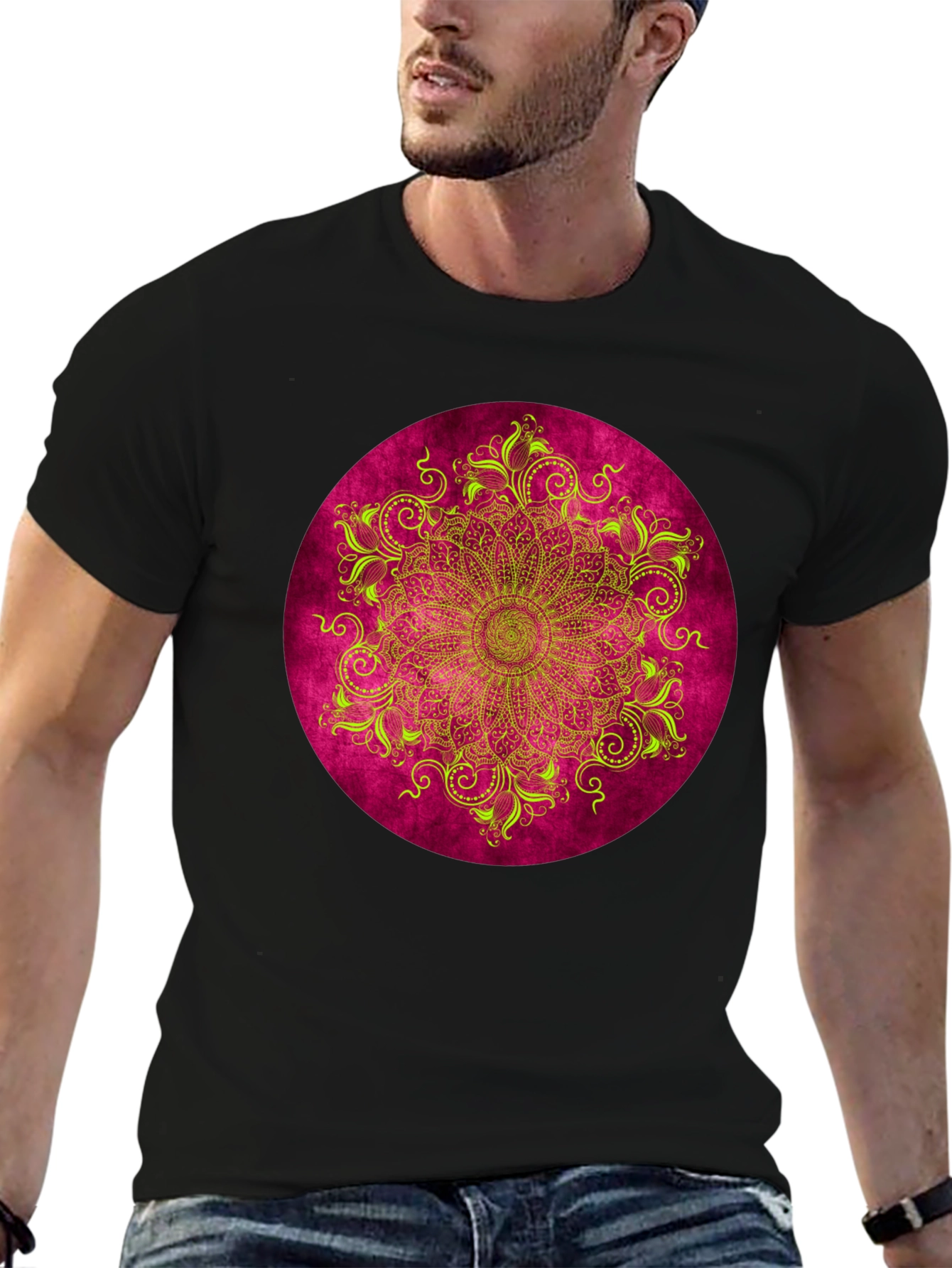 Black Boho Mandala Graphic Tee - Men's Black T-Shirt view 6