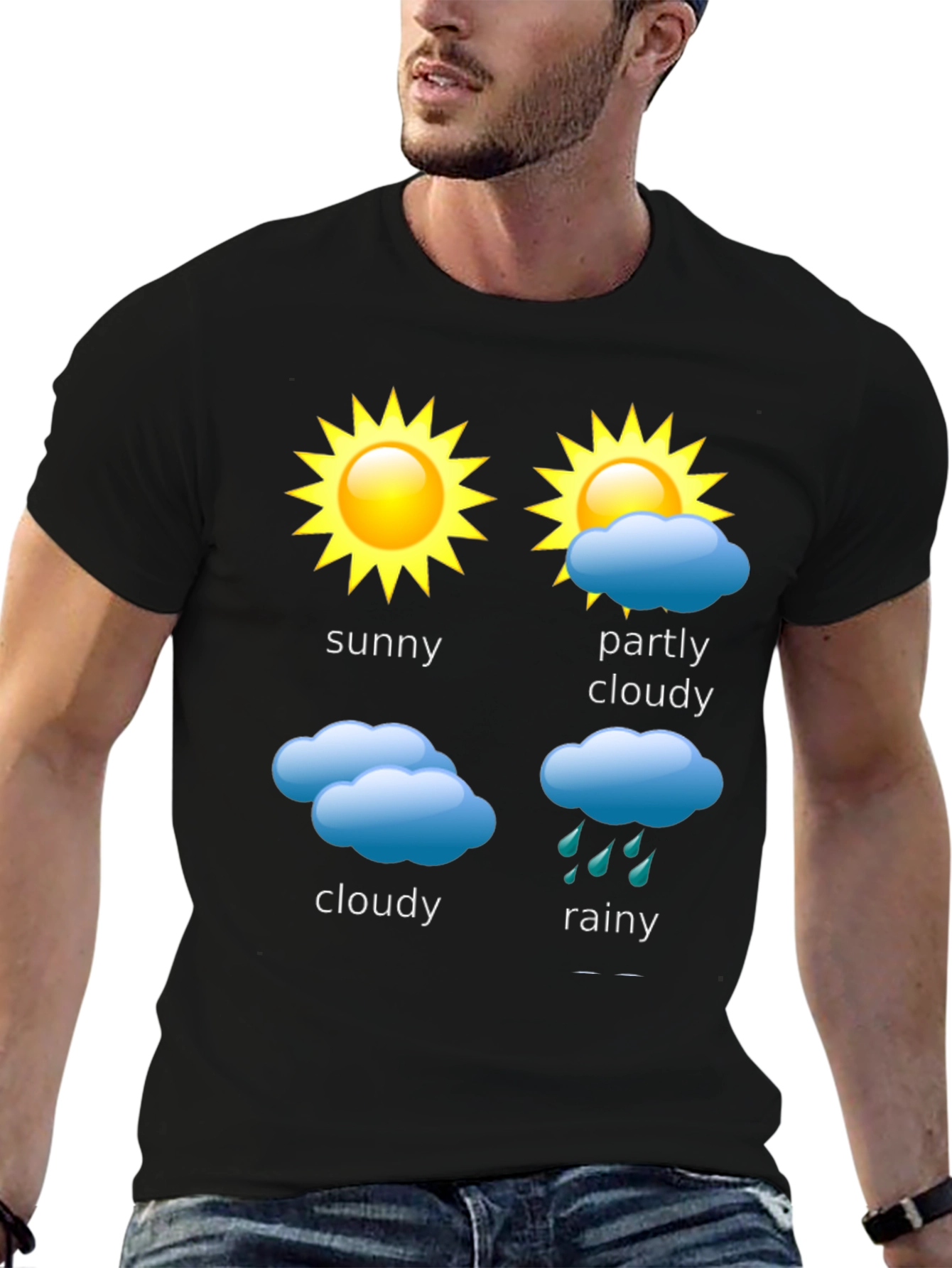 Black Weather Forecast T-Shirt - Sunny, Cloudy, Rainy Day Design view 6