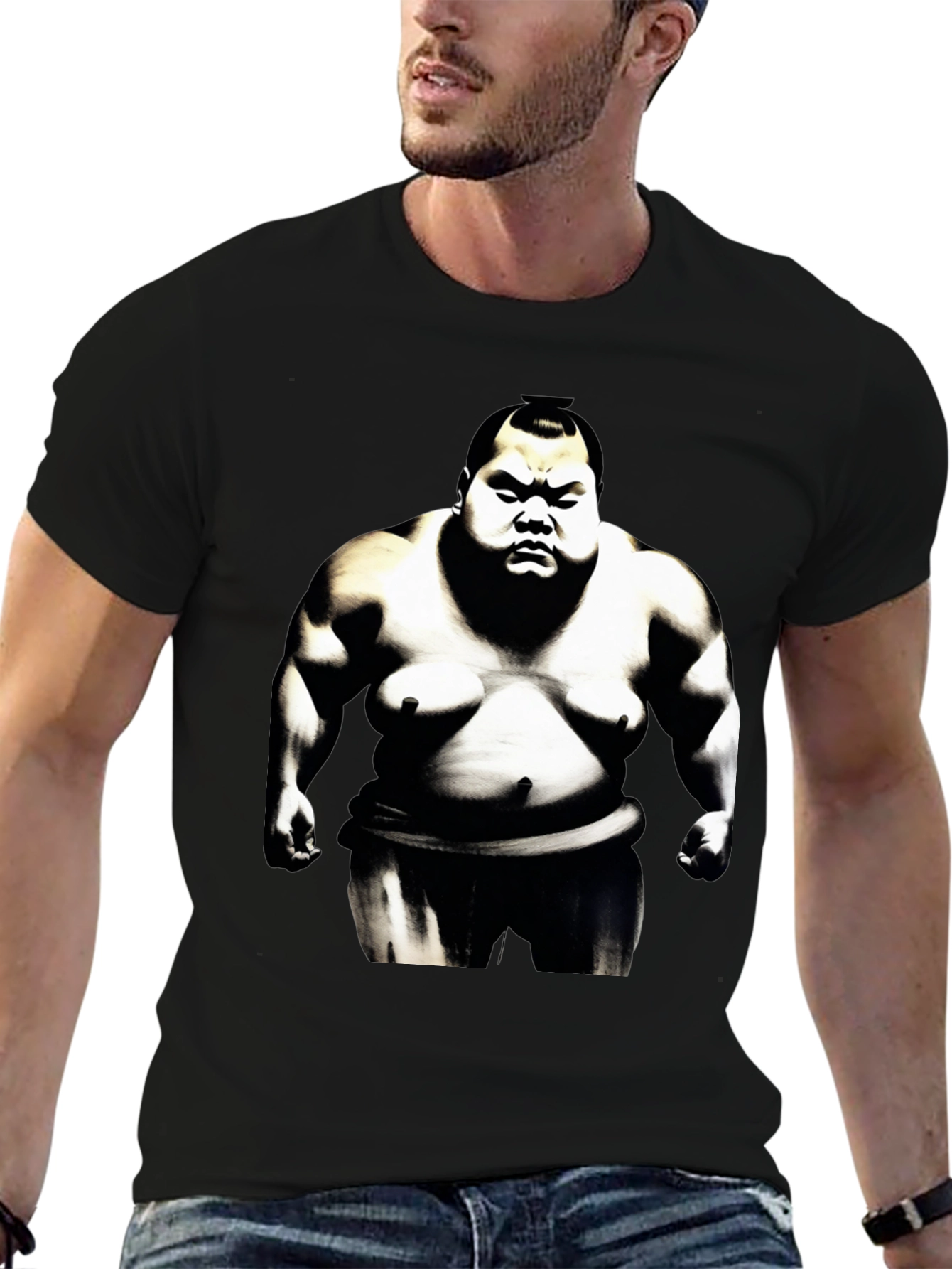 Black Sumo Wrestler Graphic Tee - Black Cotton Blend view 6